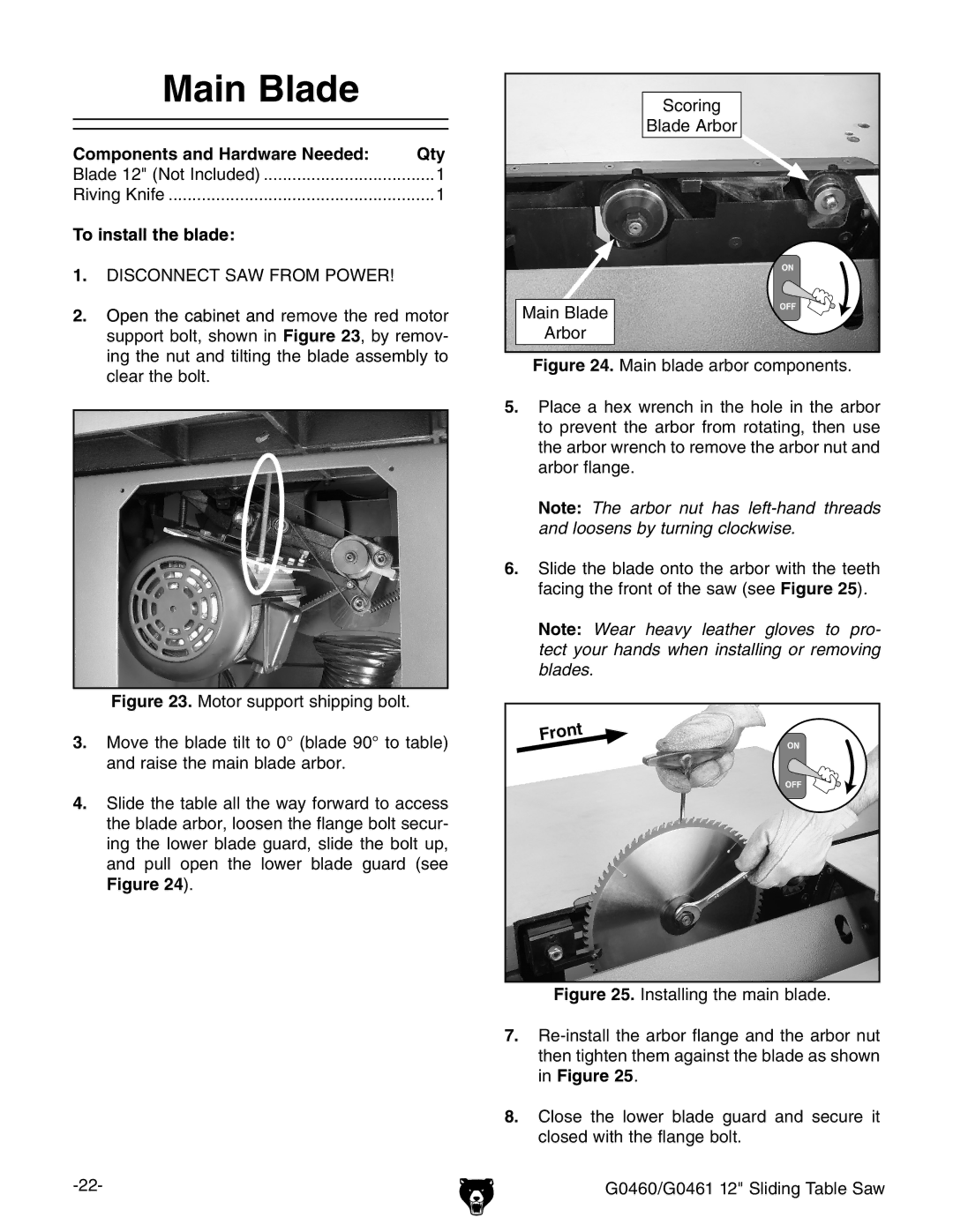 Grizzly G0460/G0461 owner manual Main Blade, To install the blade 