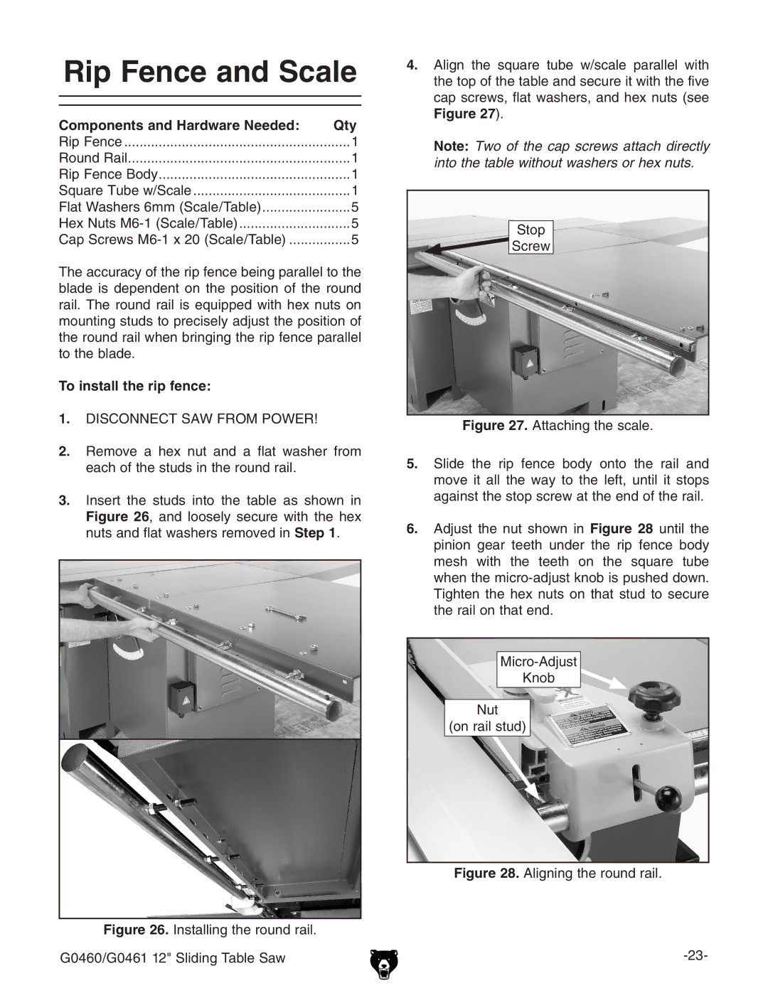 Grizzly G0460/G0461 owner manual Rip Fence and Scale, To install the rip fence 