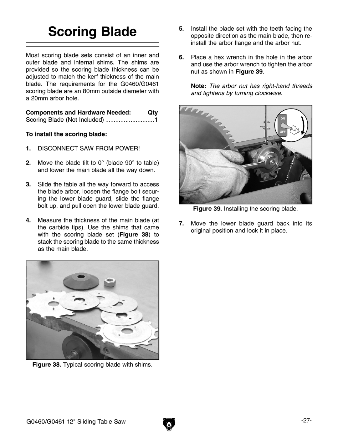 Grizzly G0460/G0461 owner manual Scoring Blade, To install the scoring blade 