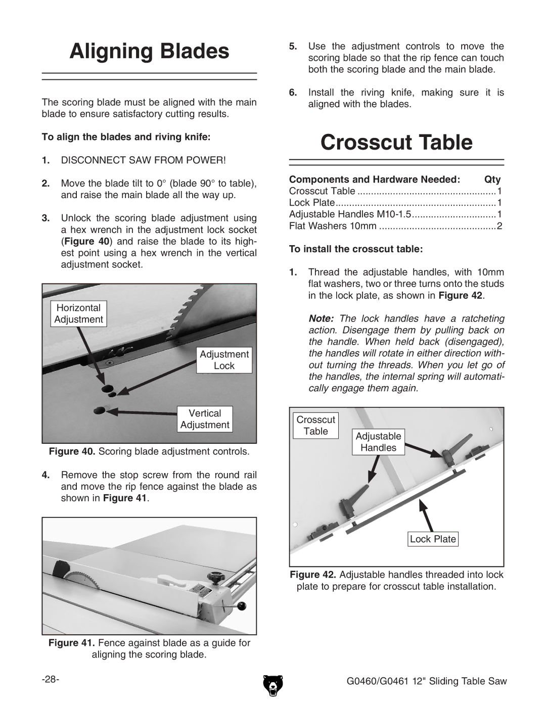 Grizzly G0460/G0461 Aligning Blades, Crosscut Table, To align the blades and riving knife, To install the crosscut table 