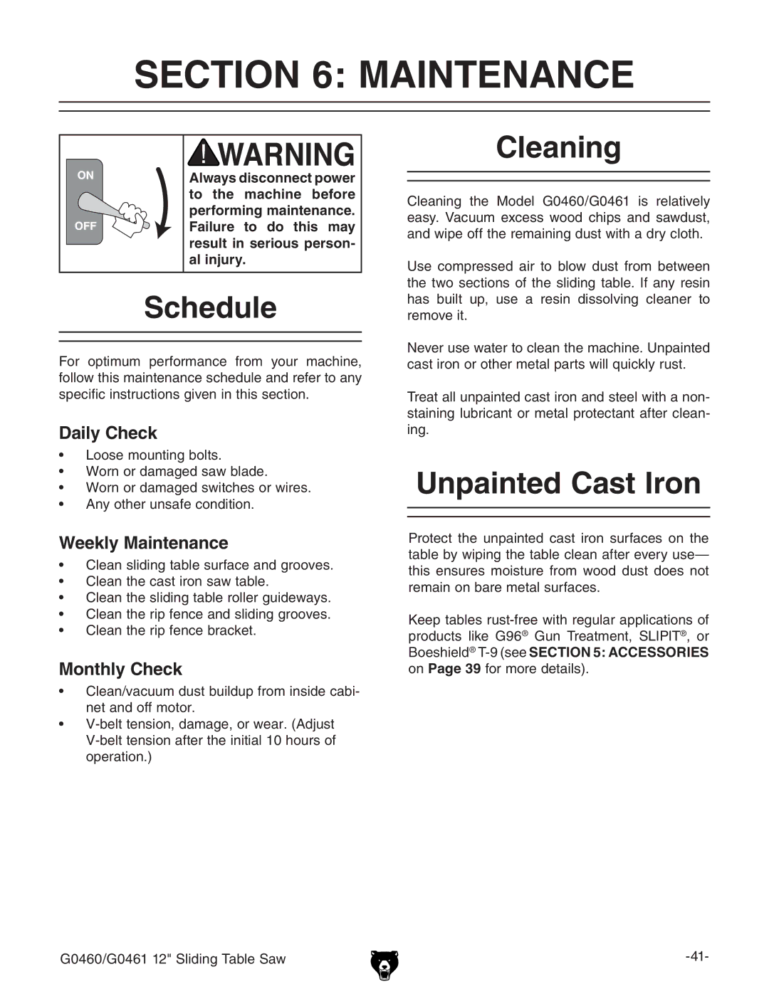 Grizzly G0460/G0461 owner manual Maintenance, Schedule, Cleaning, Unpainted Cast Iron 