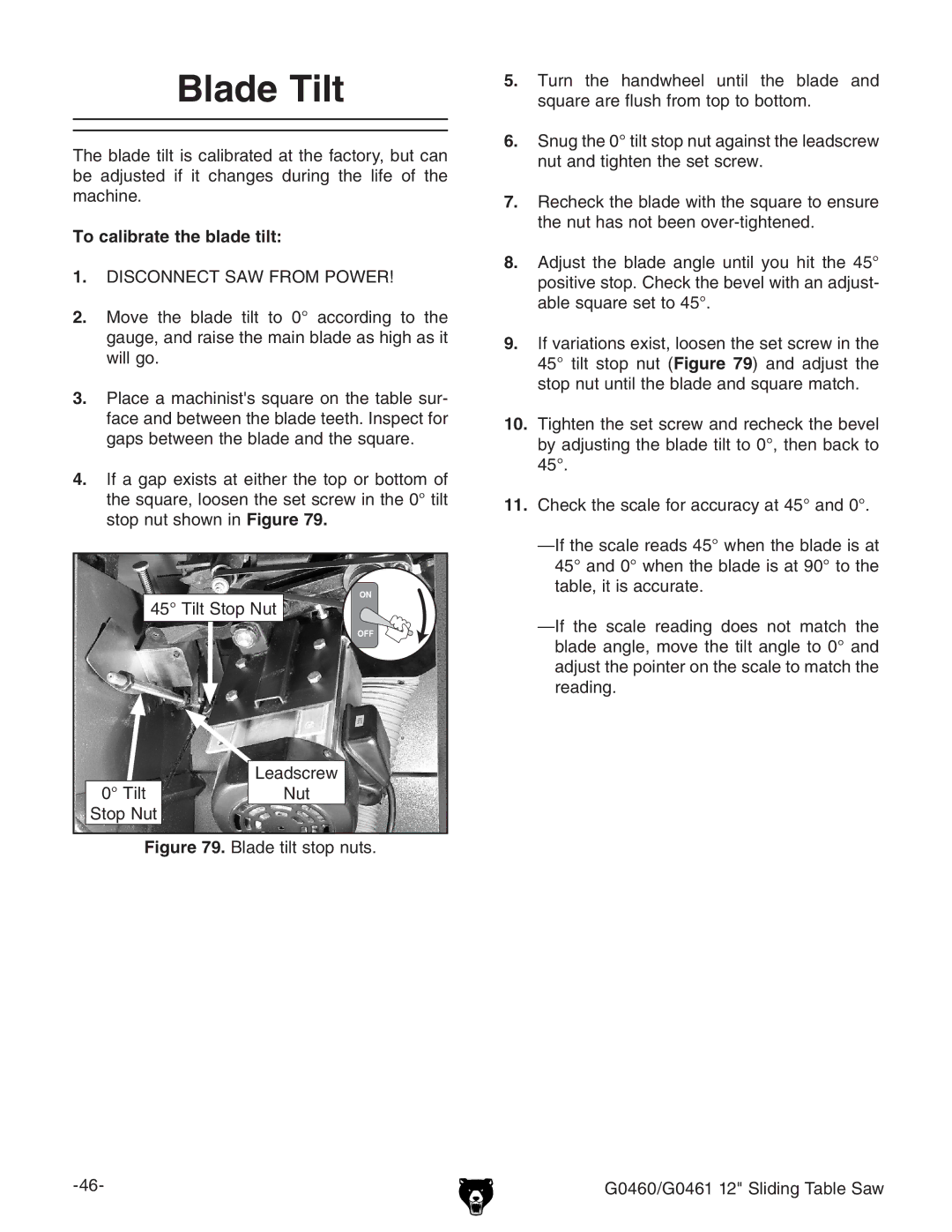 Grizzly G0460/G0461 owner manual Blade Tilt, To calibrate the blade tilt 