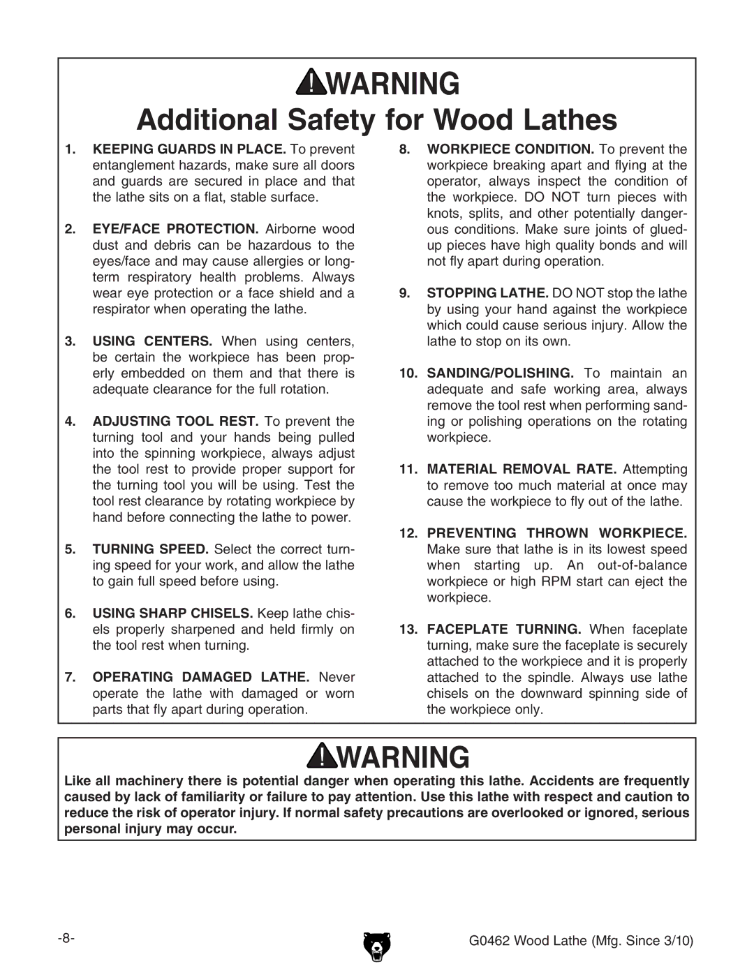 Grizzly G0462 owner manual Additional Safety for Wood Lathes, Preventing Thrown Workpiece 