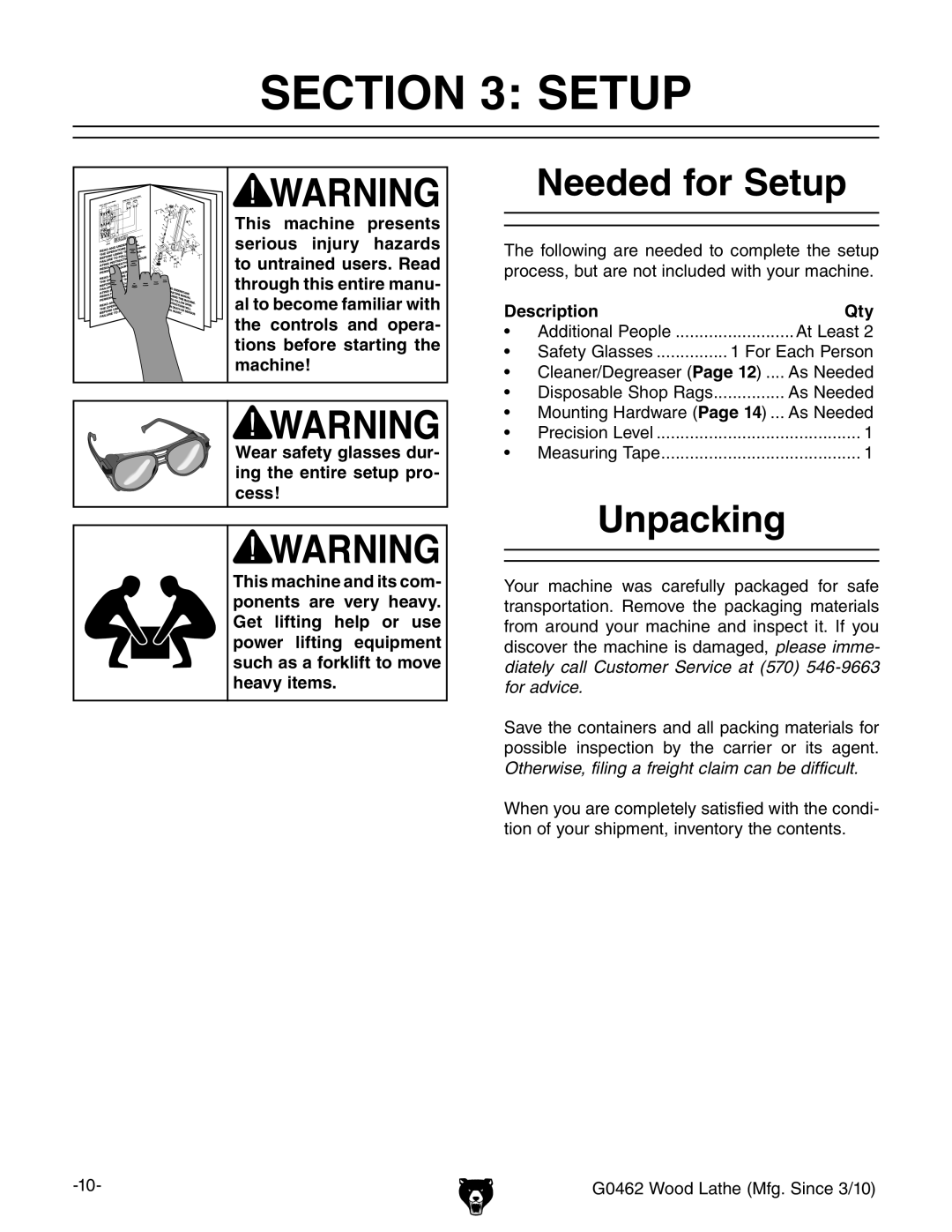 Grizzly G0462 owner manual Needed for Setup, Unpacking, Description Qty 