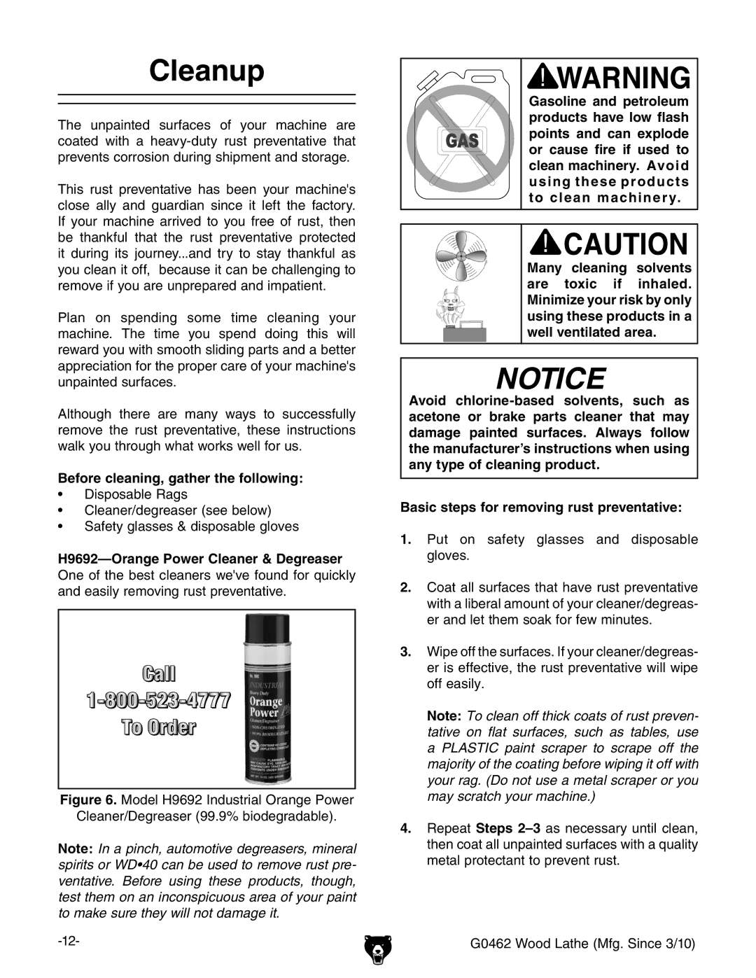 Grizzly G0462 owner manual Cleanup, Before cleaning, gather the following 