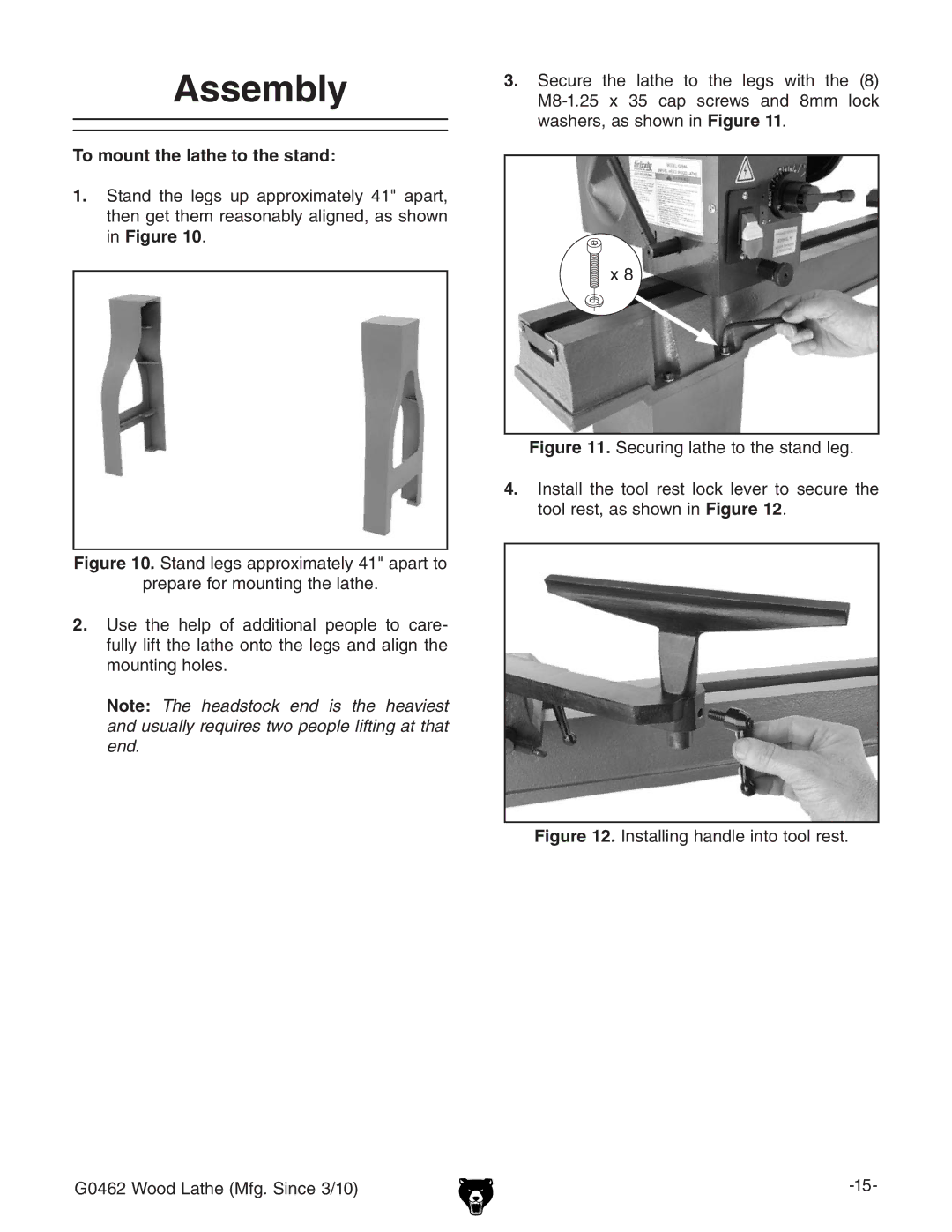 Grizzly G0462 owner manual Assembly, To mount the lathe to the stand 