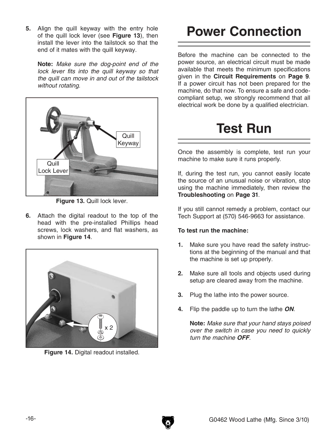 Grizzly G0462 owner manual Power Connection, Test Run, To test run the machine 