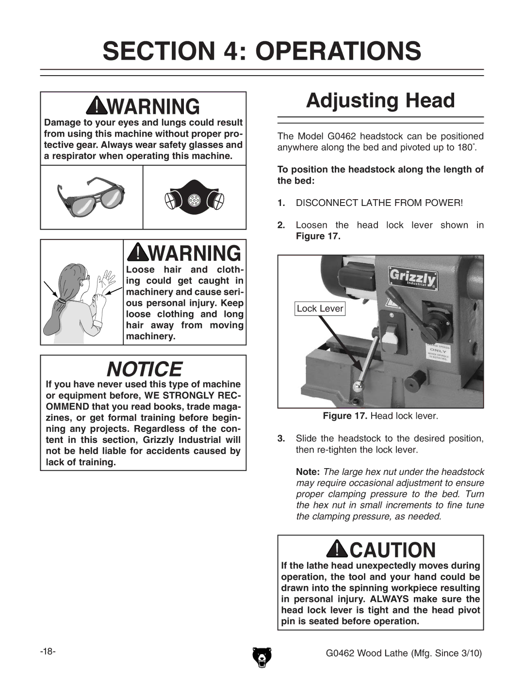 Grizzly G0462 owner manual Operations, Adjusting Head, To position the headstock along the length of the bed 