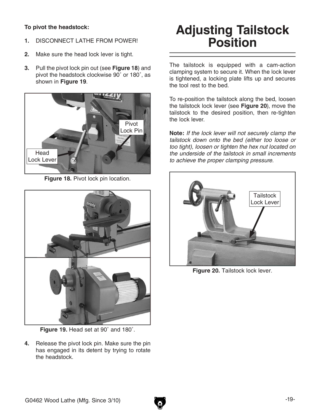 Grizzly G0462 owner manual Adjusting Tailstock Position, To pivot the headstock 