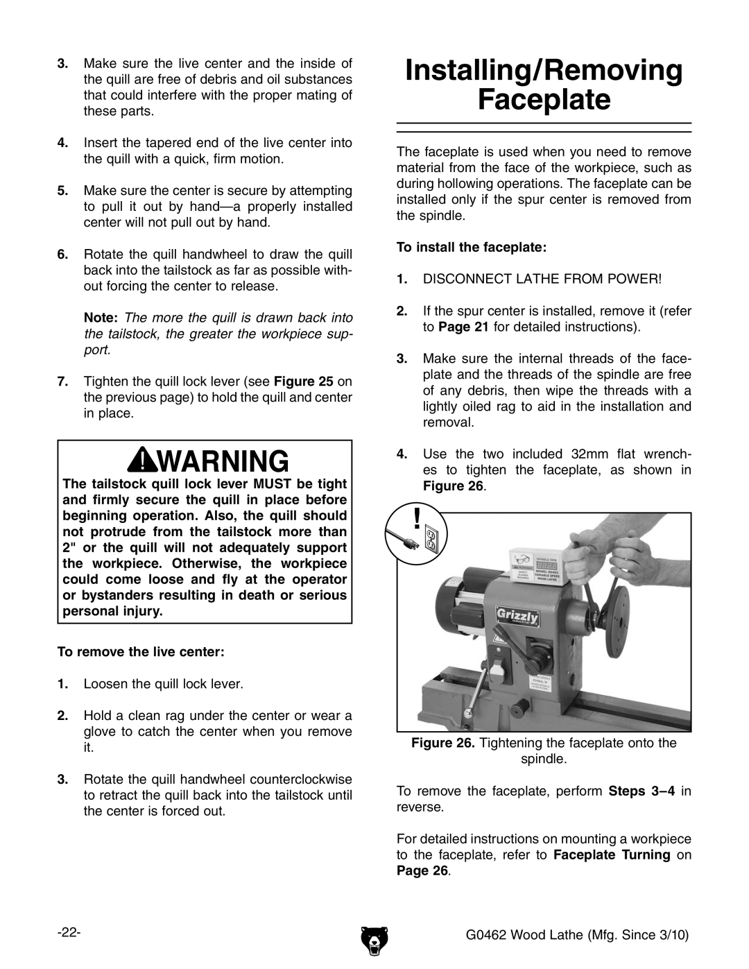 Grizzly G0462 owner manual Installing/Removing Faceplate, To install the faceplate 