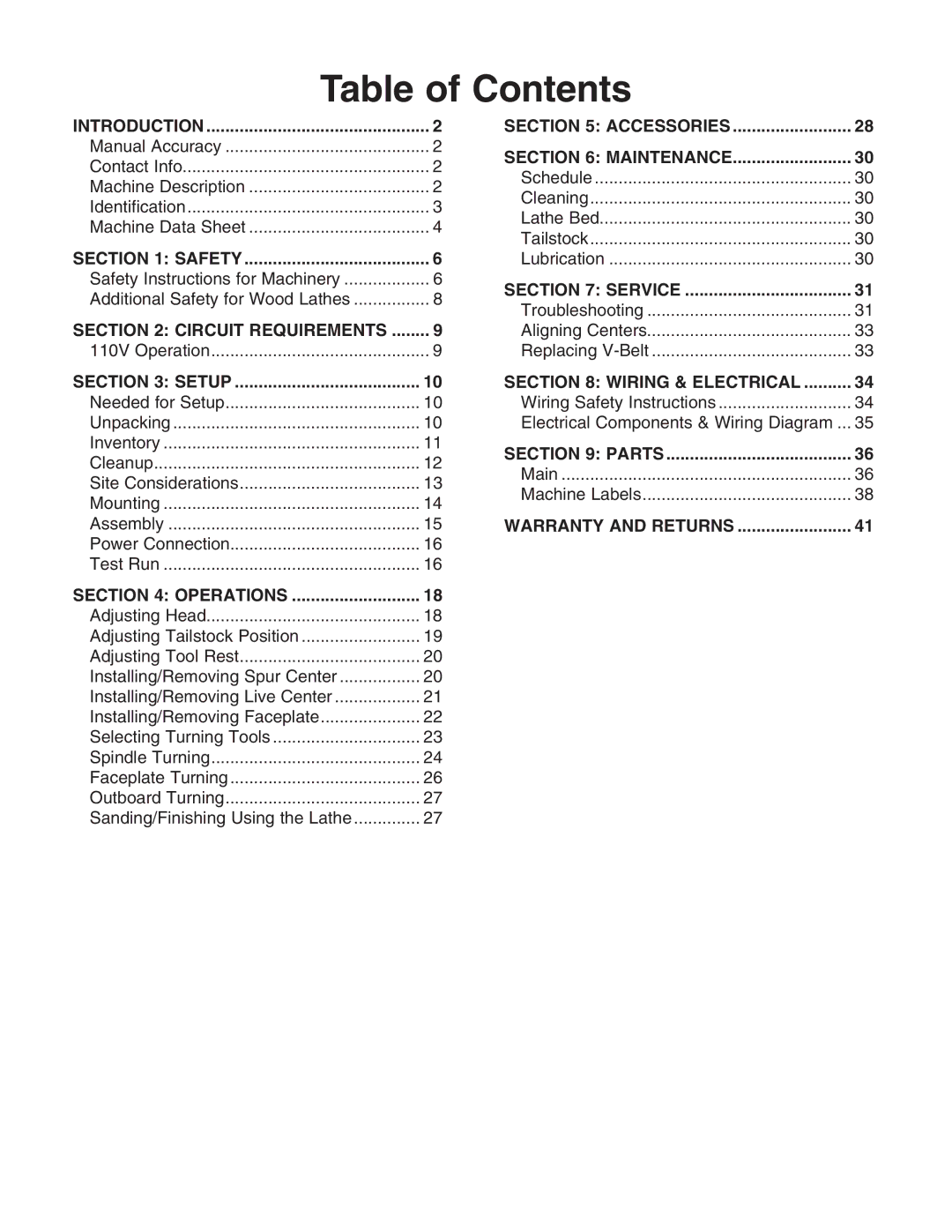 Grizzly G0462 owner manual Table of Contents 