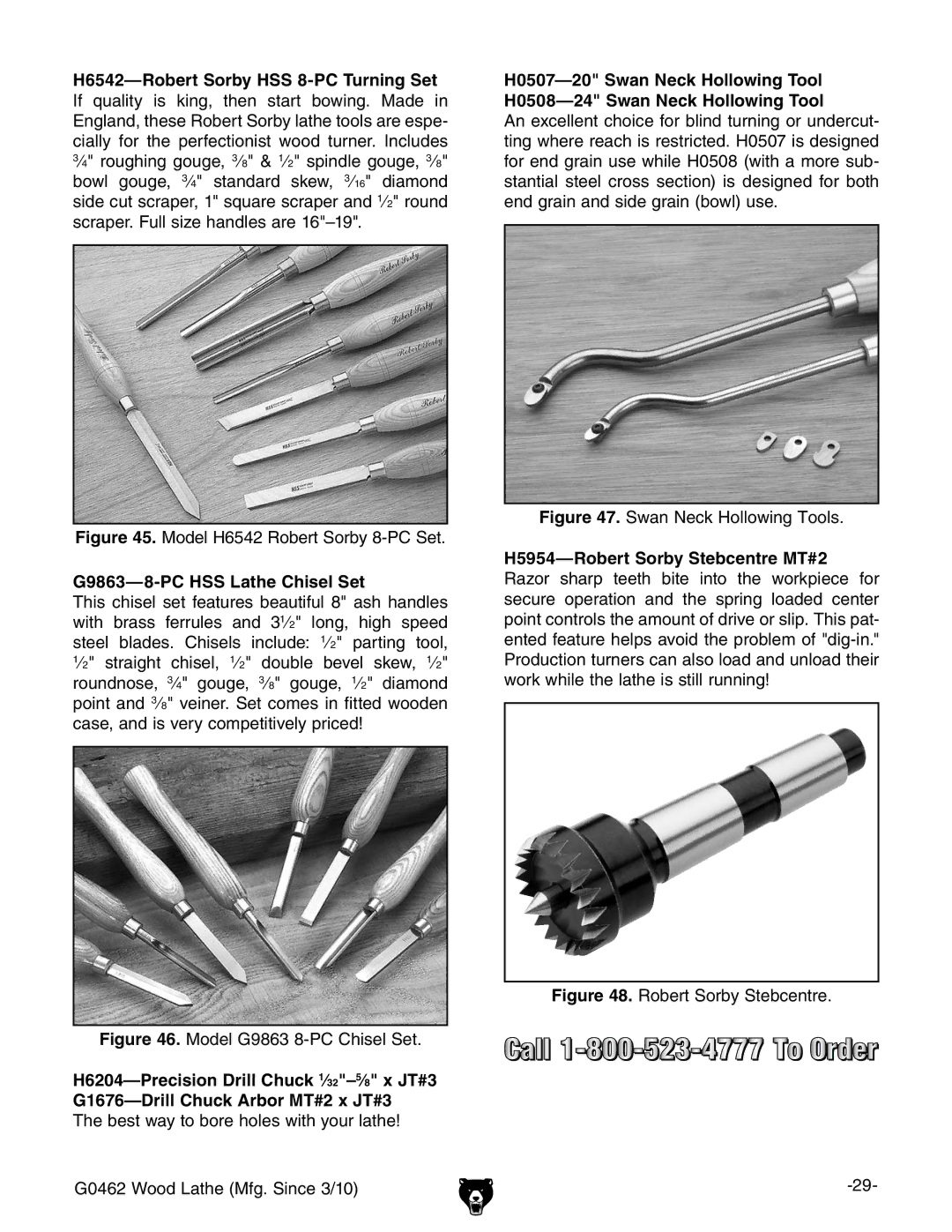 Grizzly G0462 owner manual Model H6542 Robert Sorby 8-PC Set, G9863-8-PC HSS Lathe Chisel Set 