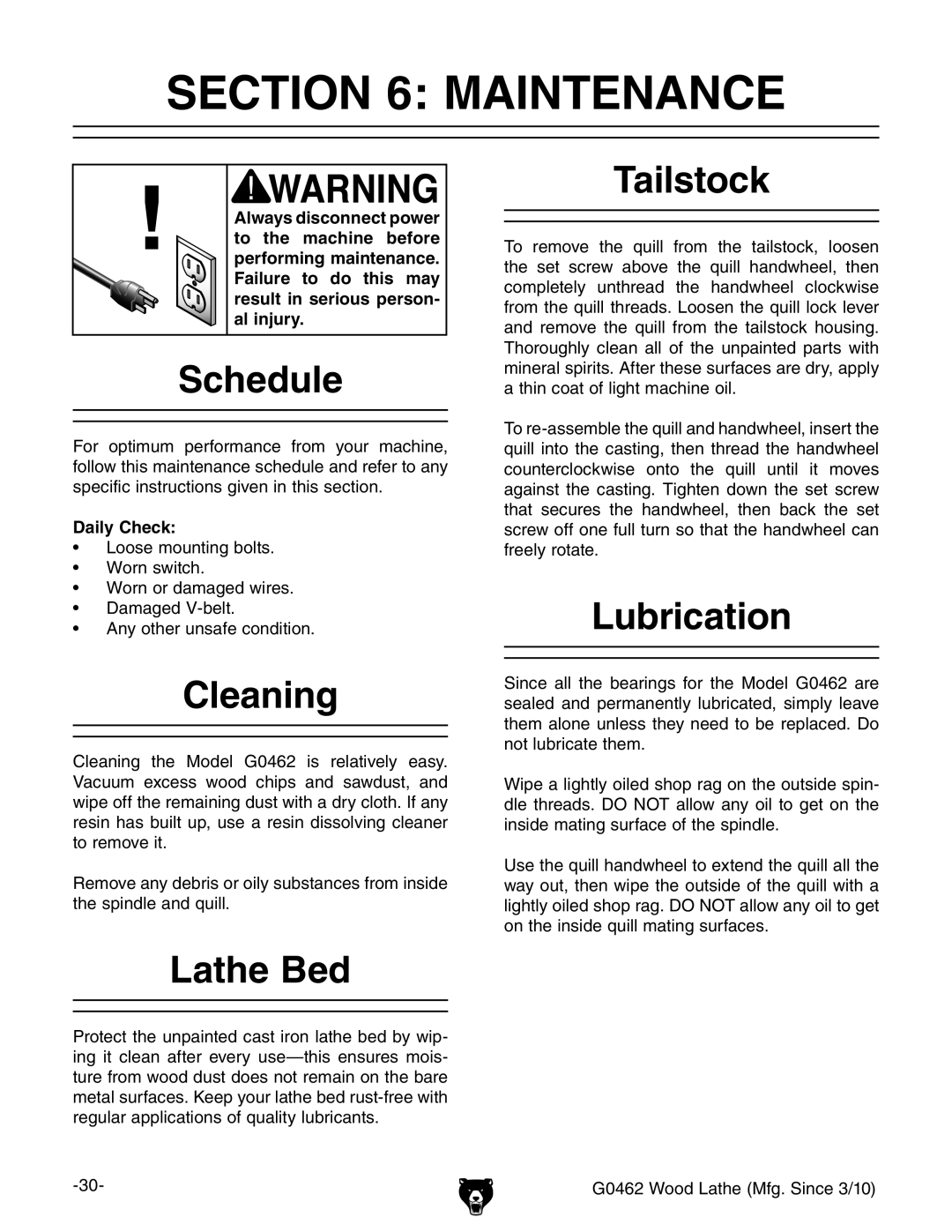 Grizzly G0462 owner manual Maintenance 