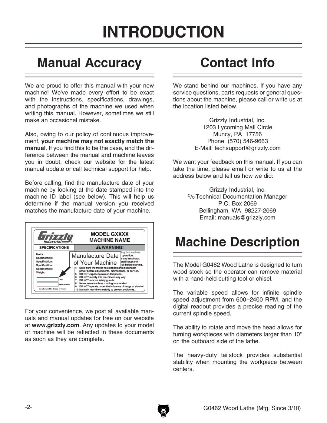 Grizzly G0462 owner manual Introduction, Manual Accuracy, Contact Info, Machine Description 