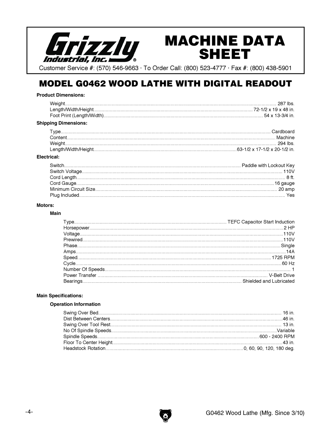 Grizzly G0462 owner manual Machine Data Sheet 