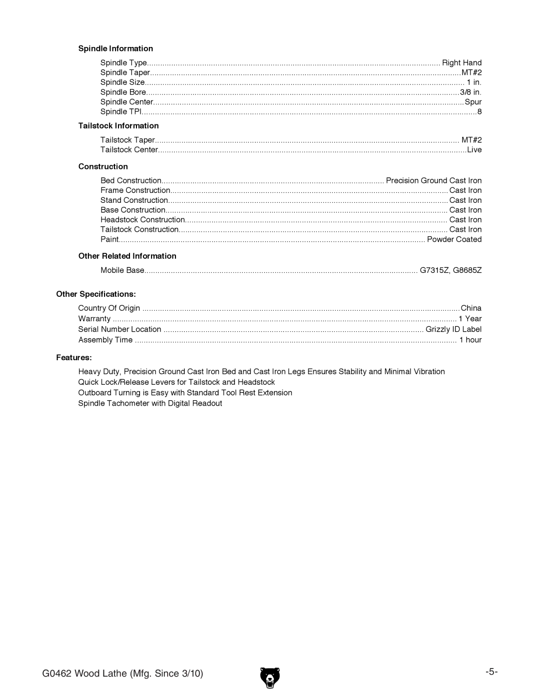 Grizzly G0462 owner manual Tailstock Information 