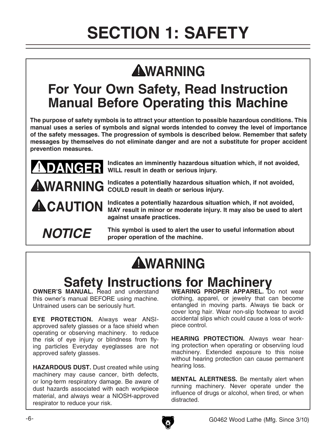 Grizzly G0462 owner manual Safety Instructions for Machinery 