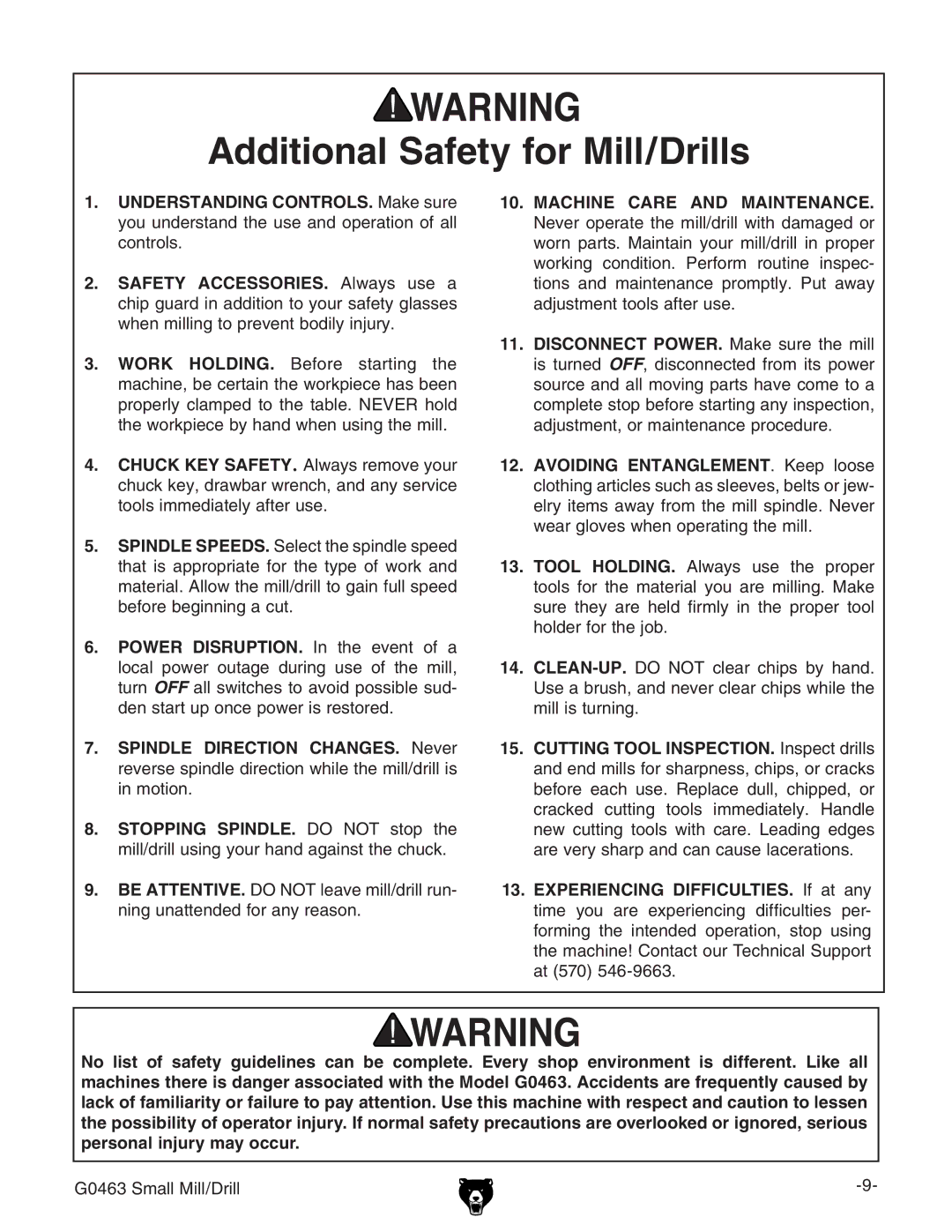 Grizzly G0463 owner manual Additional Safety for Mill/Drills 