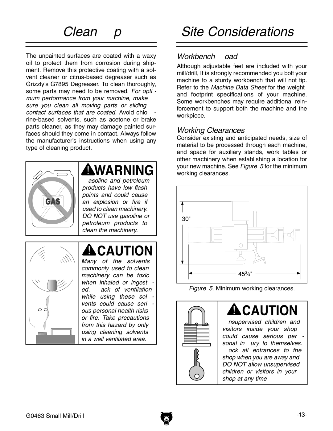 Grizzly G0463 owner manual Clean Up, Site Considerations 