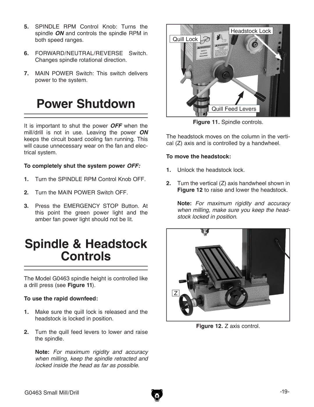 Grizzly G0463 Power Shutdown, Spindle & Headstock Controls, To completely shut the system power OFF, To move the headstock 