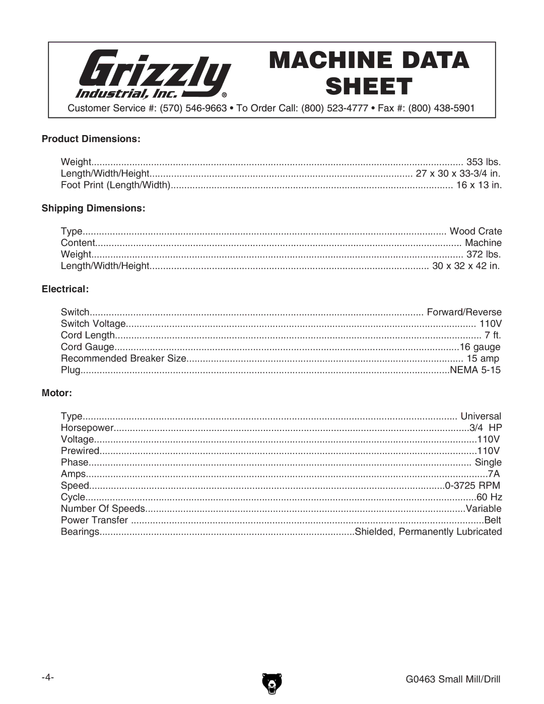 Grizzly G0463 owner manual Product Dimensions, Shipping Dimensions, Electrical, Motor 