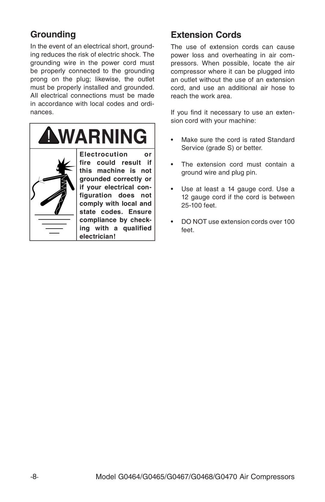 Grizzly G0464 instruction manual Grounding 