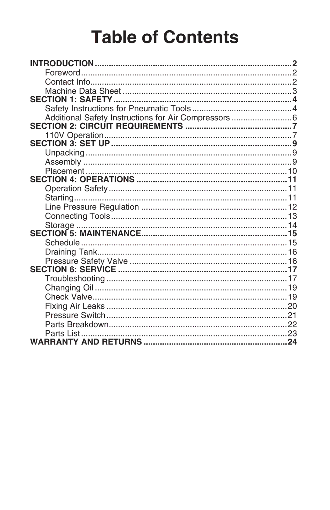 Grizzly G0464 instruction manual Table of Contents 