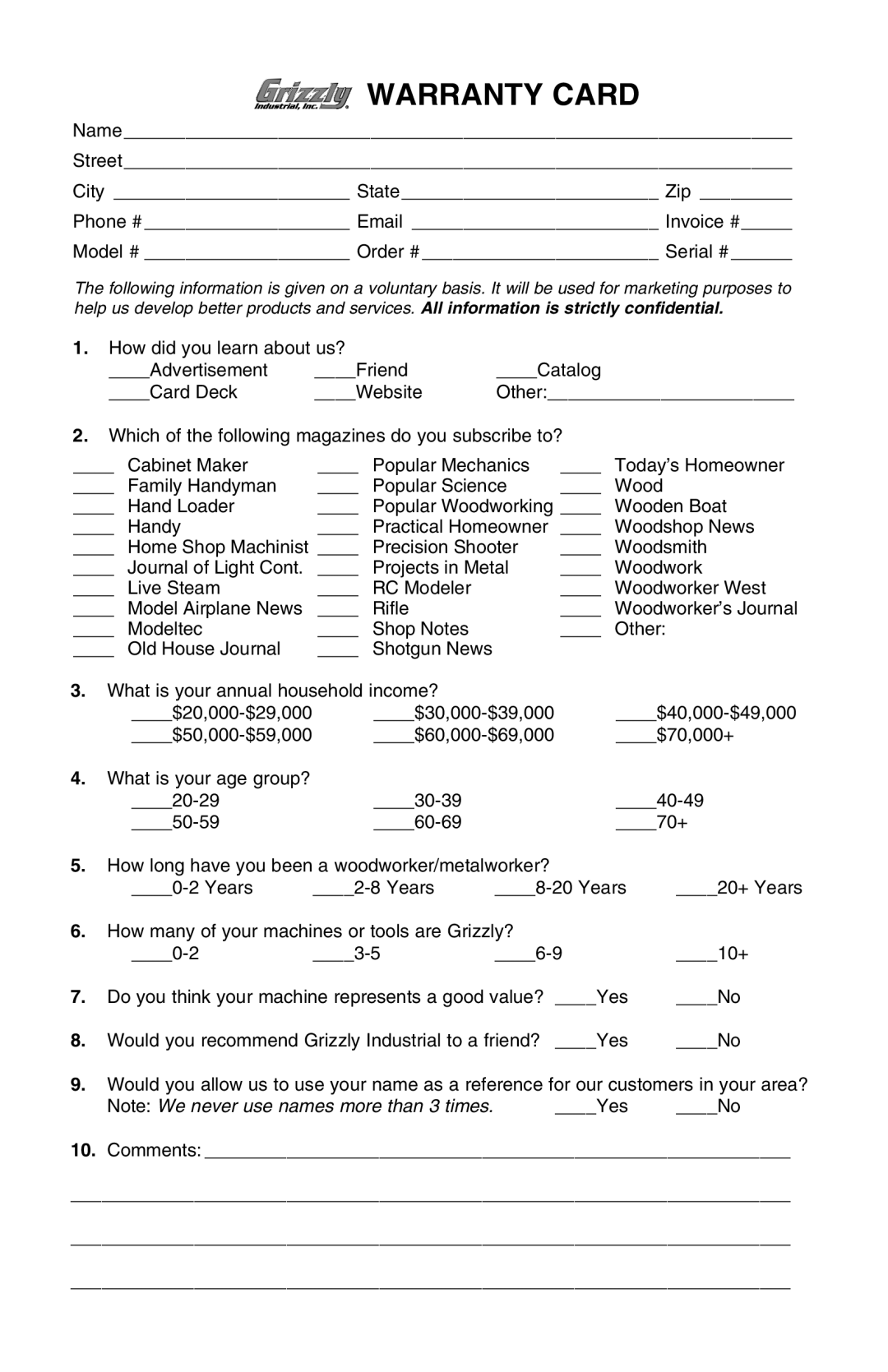 Grizzly G0464 instruction manual Warranty Card 