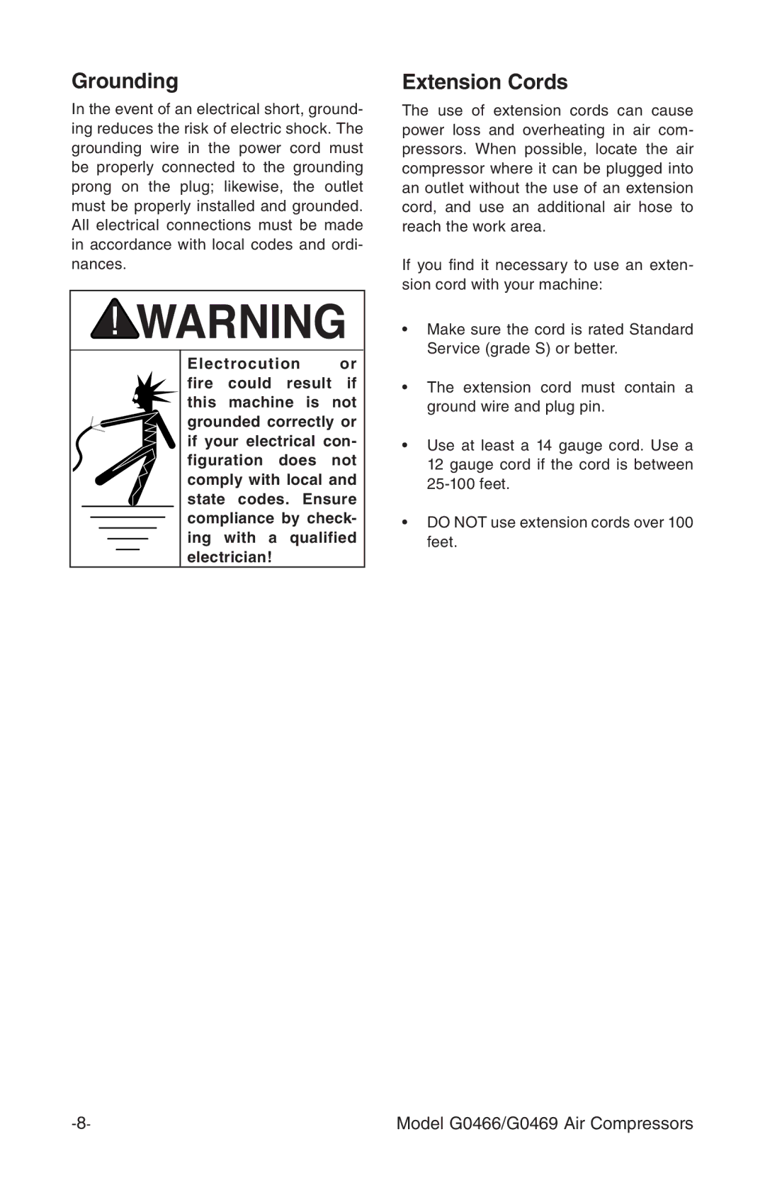 Grizzly G0469, G0466 instruction manual Grounding, Extension Cords 