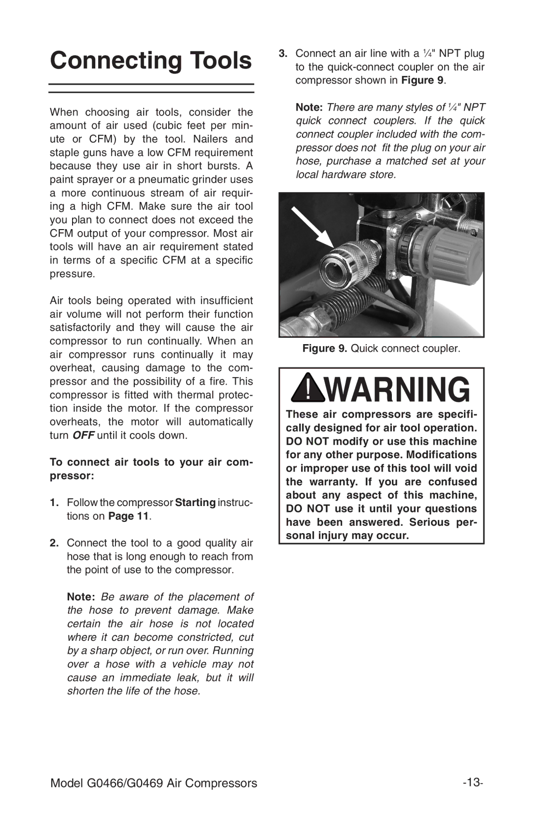 Grizzly G0466, G0469 instruction manual Connecting Tools, To connect air tools to your air com- pressor 