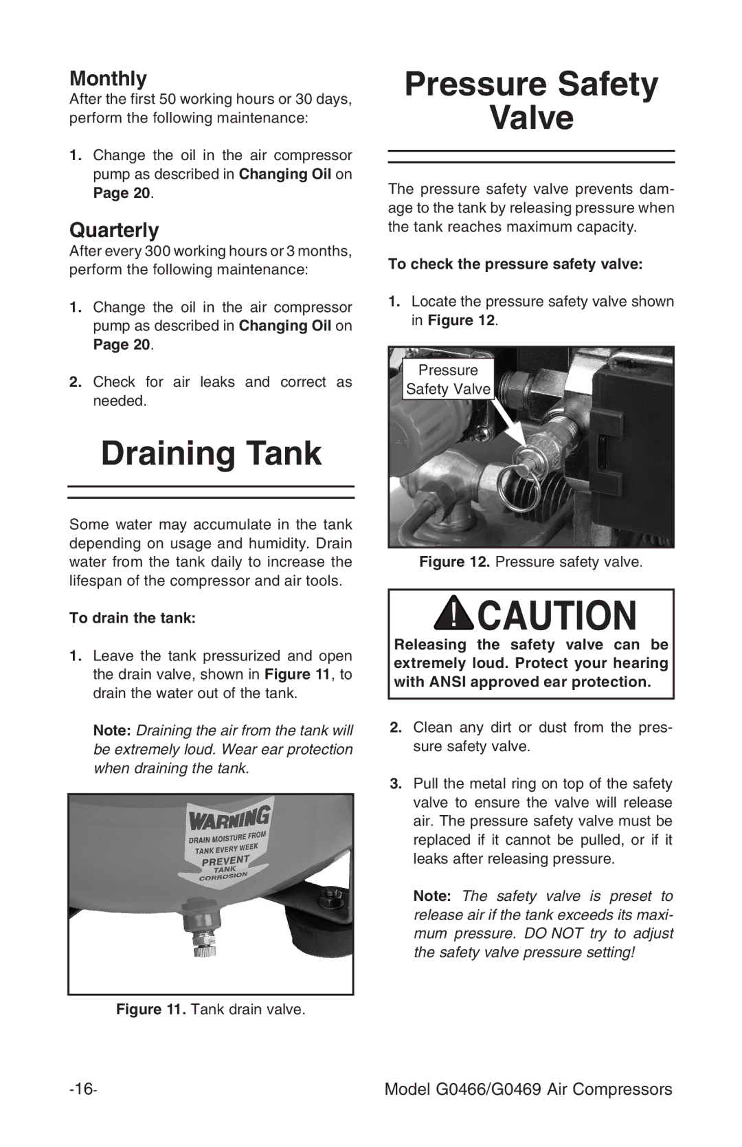 Grizzly G0469, G0466 instruction manual Draining Tank, Pressure Safety Valve, Monthly, Quarterly 