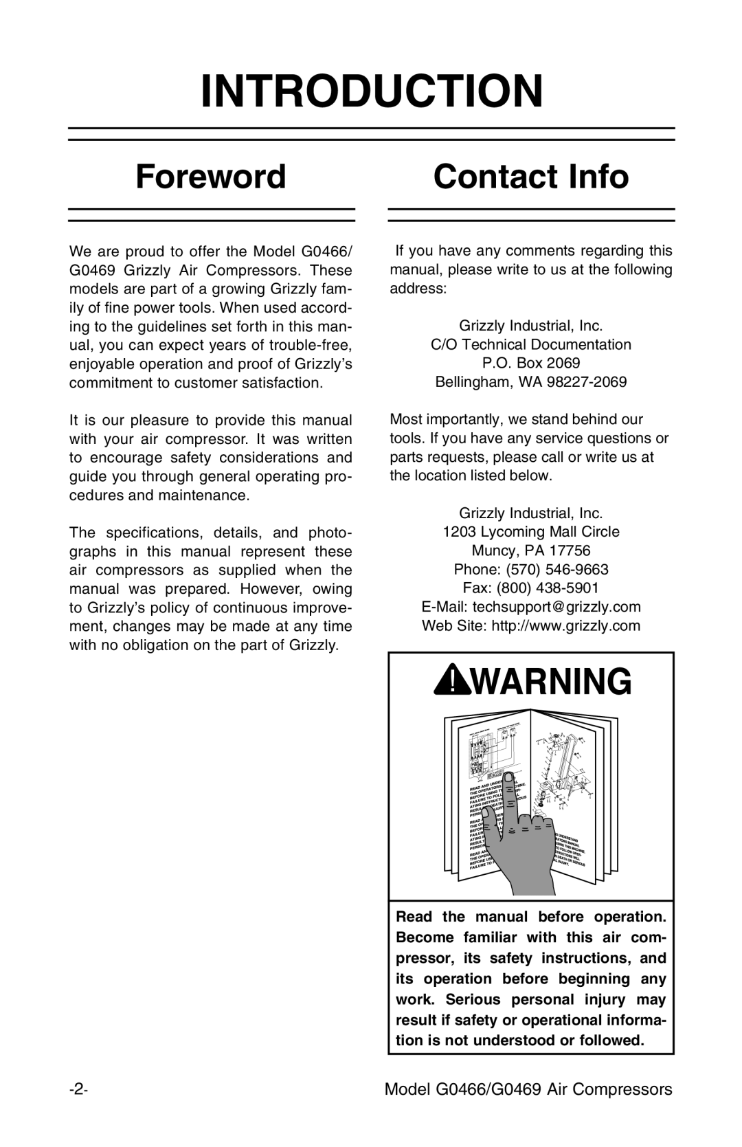 Grizzly G0469, G0466 instruction manual Introduction, Foreword Contact Info 