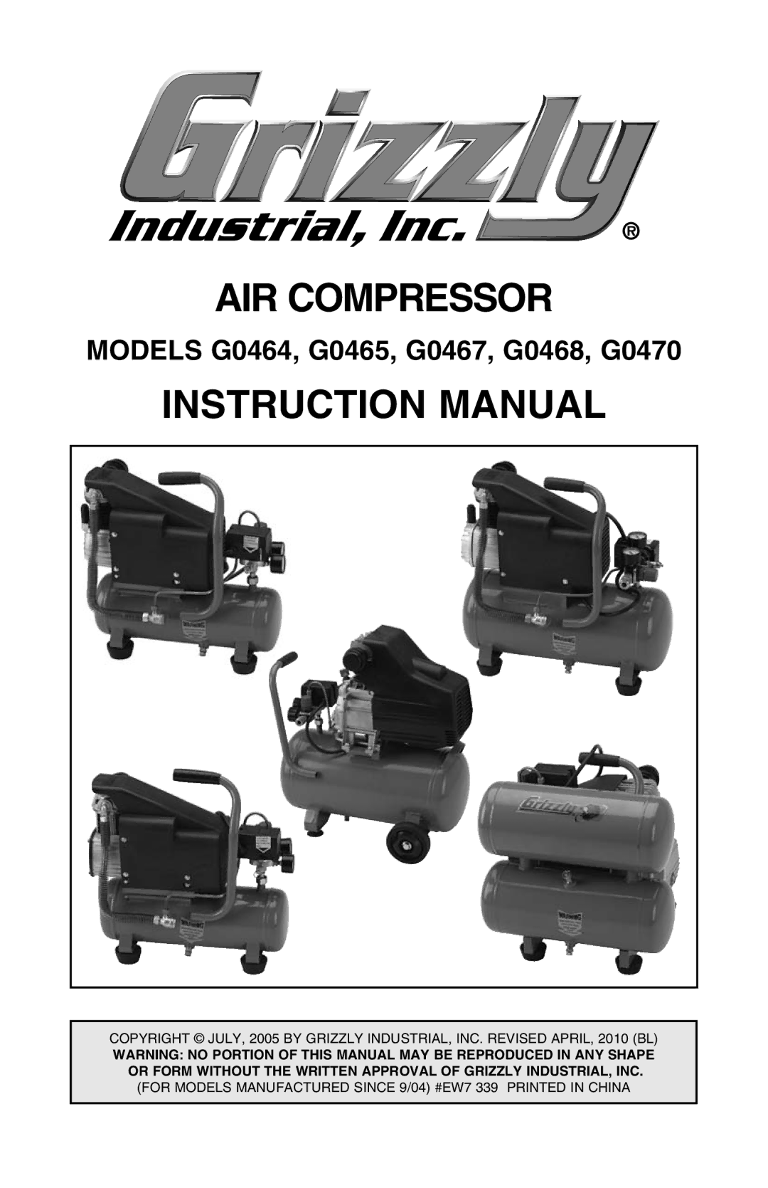 Grizzly G0470 instruction manual Air Compressor 