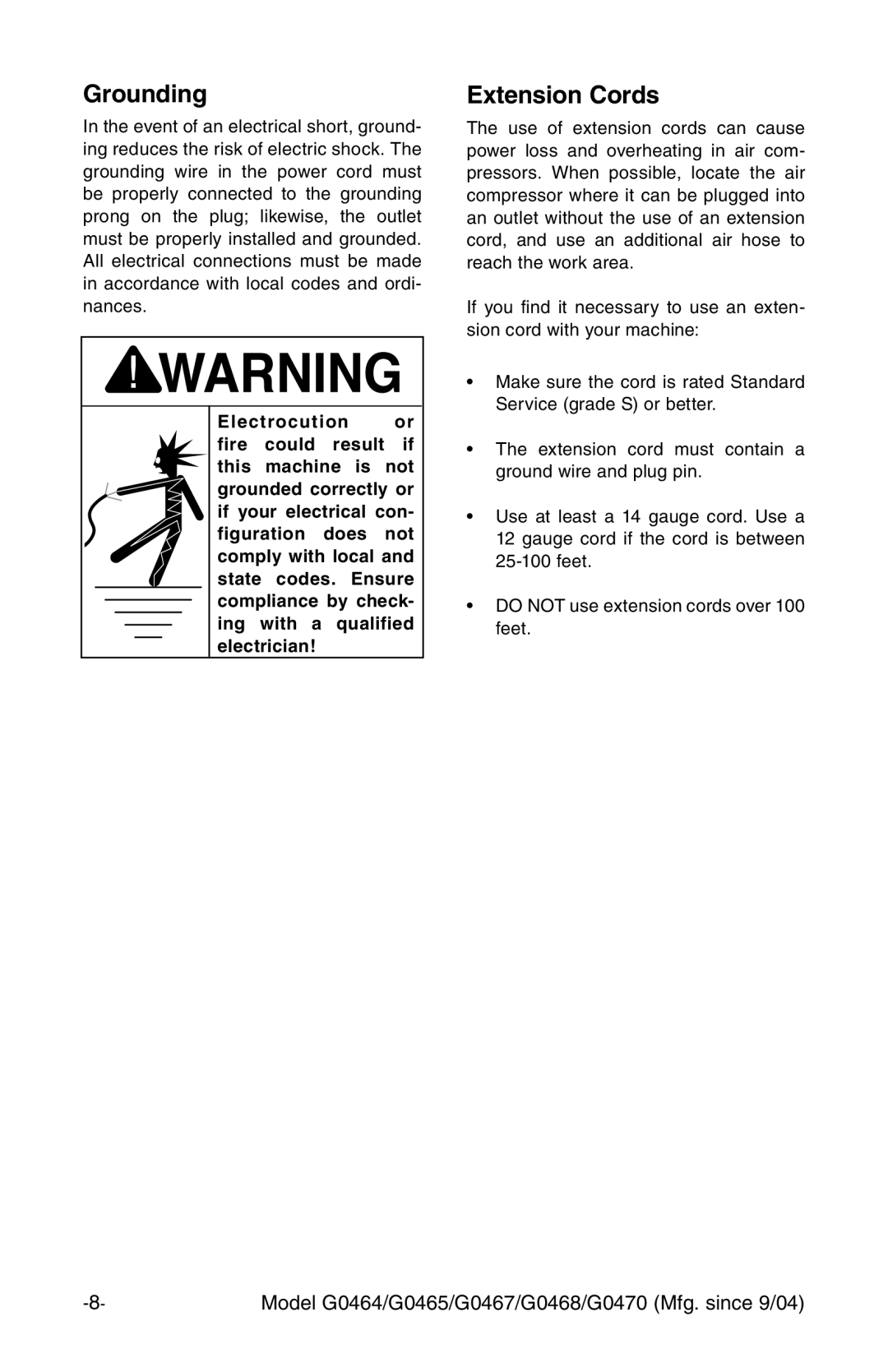 Grizzly G0470 instruction manual Grounding 