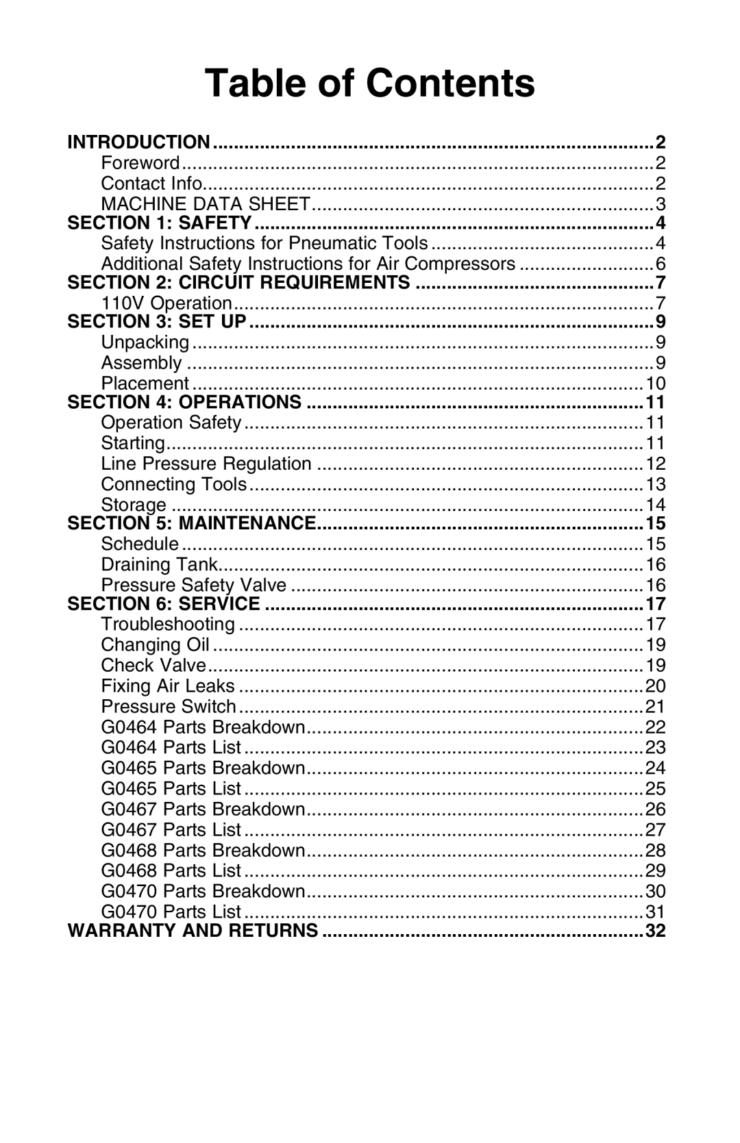 Grizzly G0470 instruction manual Table of Contents 