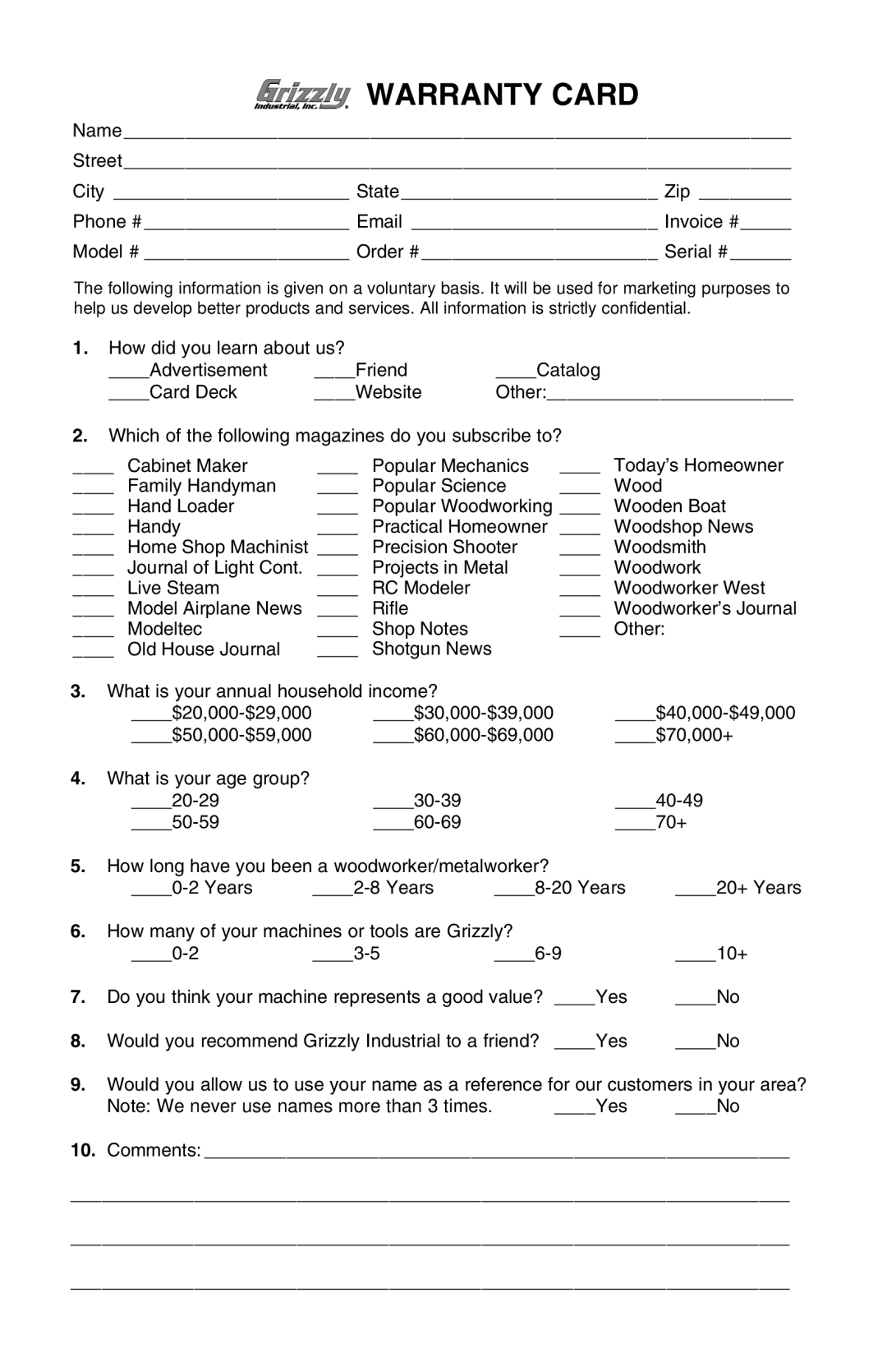 Grizzly G0470 instruction manual Warranty Card 