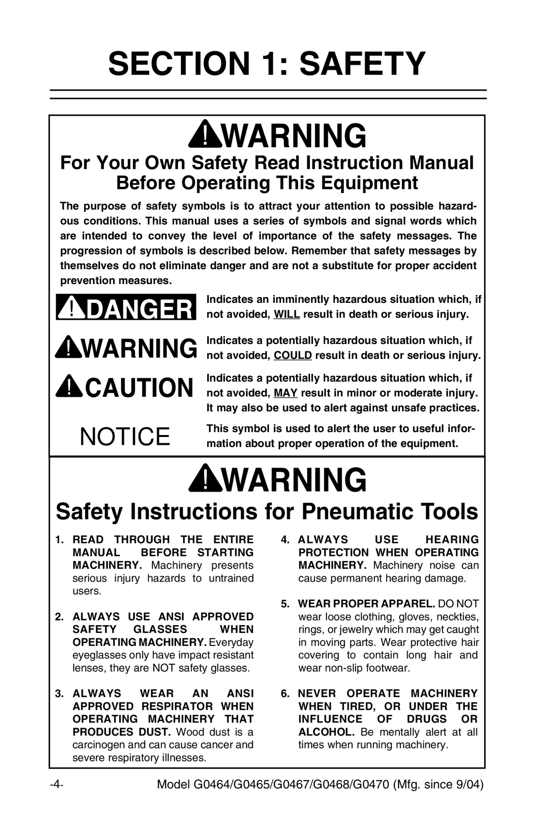 Grizzly G0470 instruction manual Safety, Mation about proper operation of the equipment 