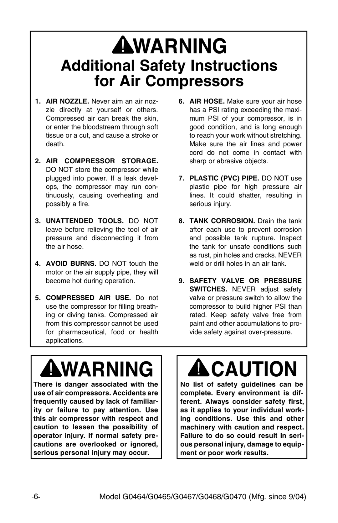 Grizzly G0470 instruction manual Additional Safety Instructions For Air Compressors, AIR Compressor Storage 