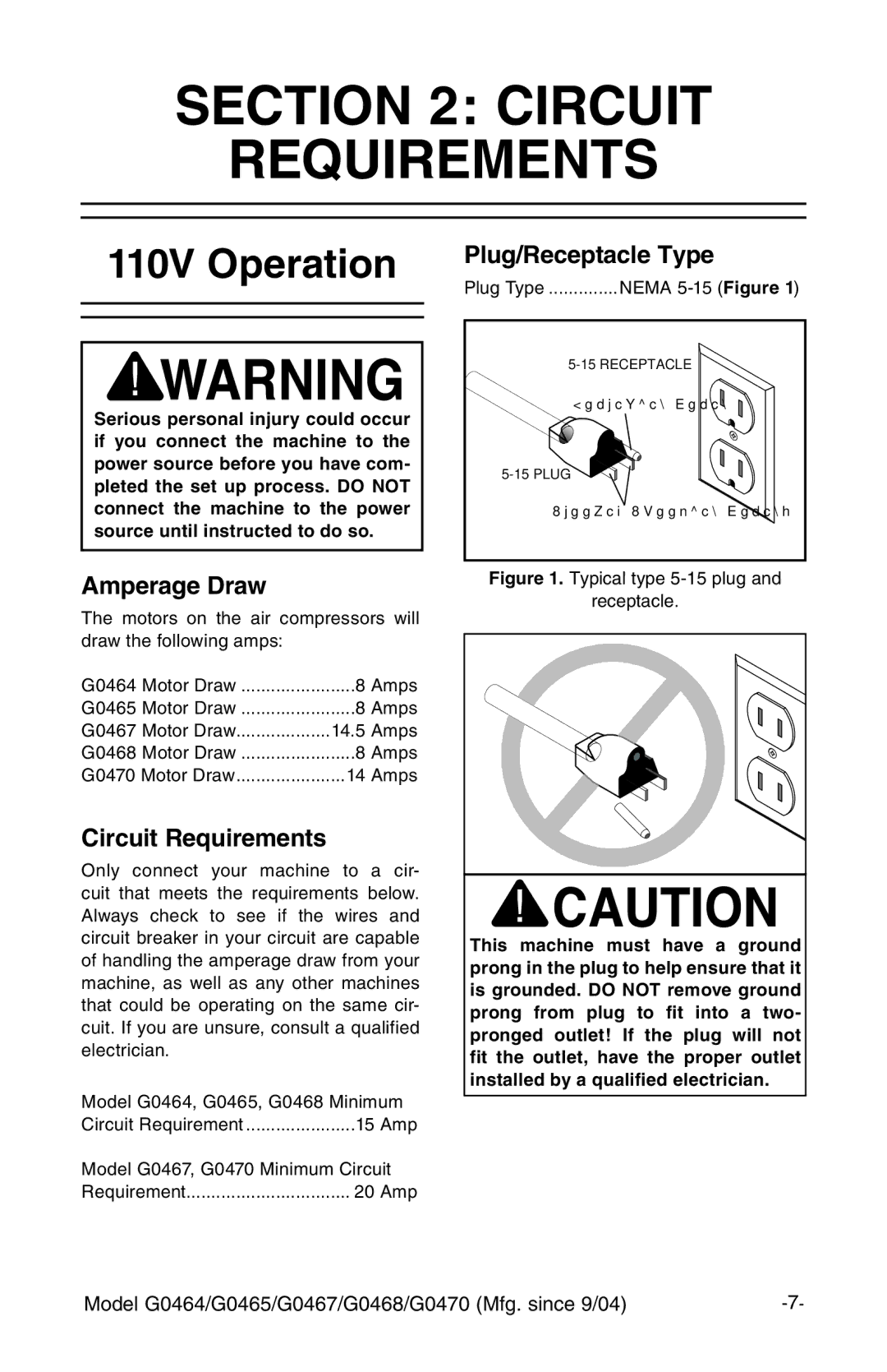 Grizzly G0470 instruction manual Circuit Requirements, 110V Operation 