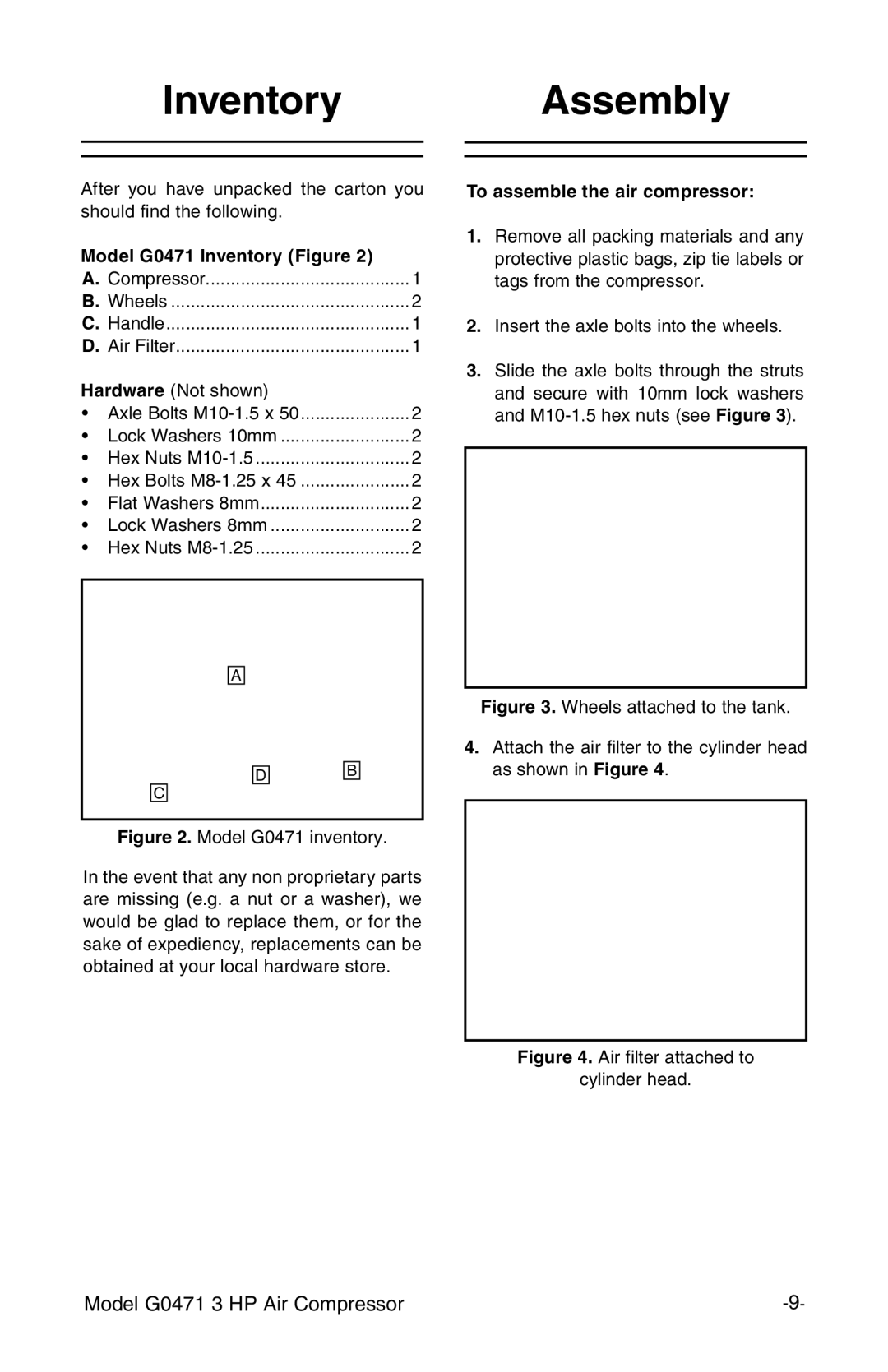 Grizzly instruction manual Inventory Assembly, Model G0471 Inventory Figure, To assemble the air compressor 