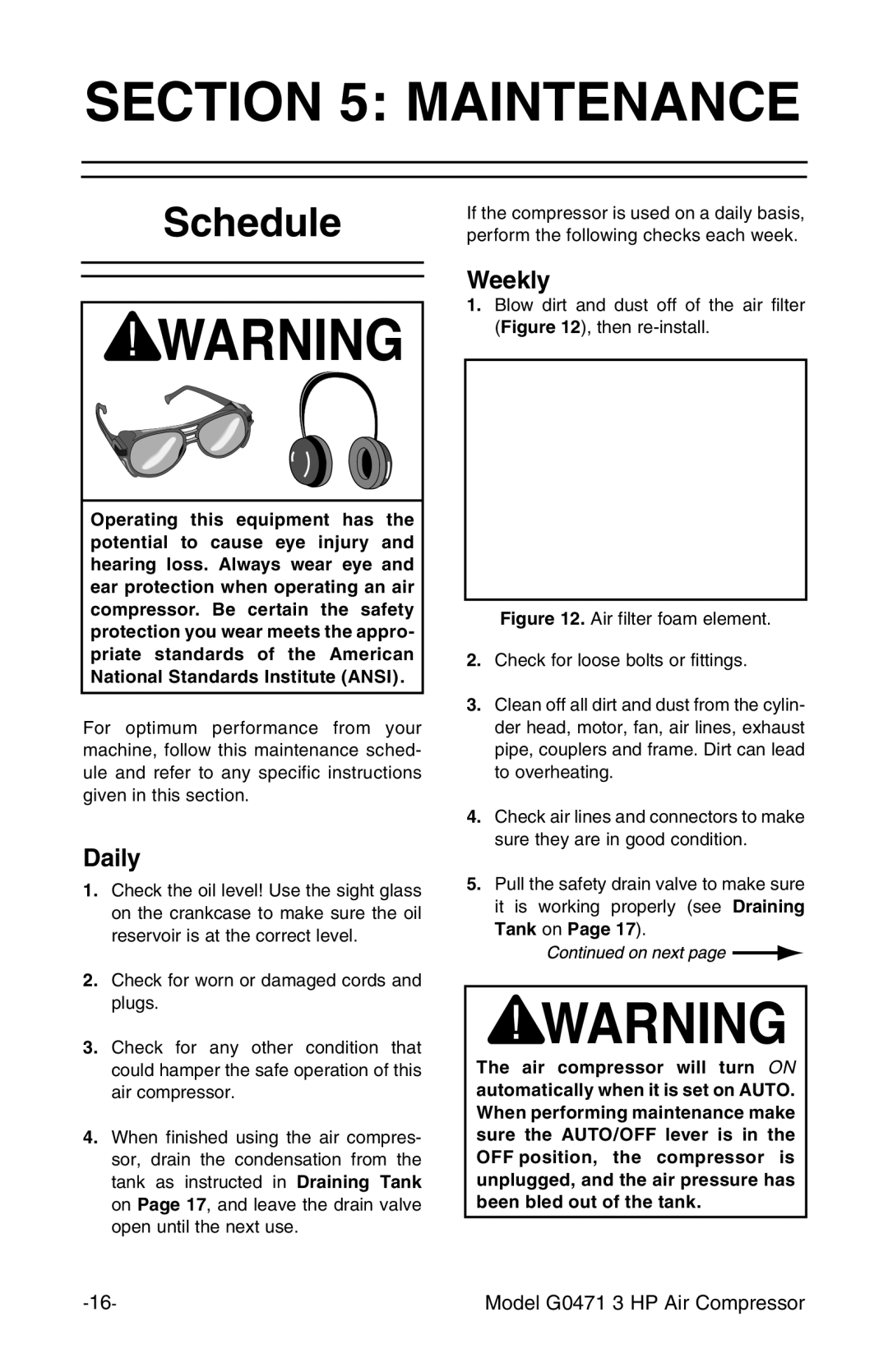 Grizzly G0471 instruction manual Maintenance, Schedule, Daily, Weekly 