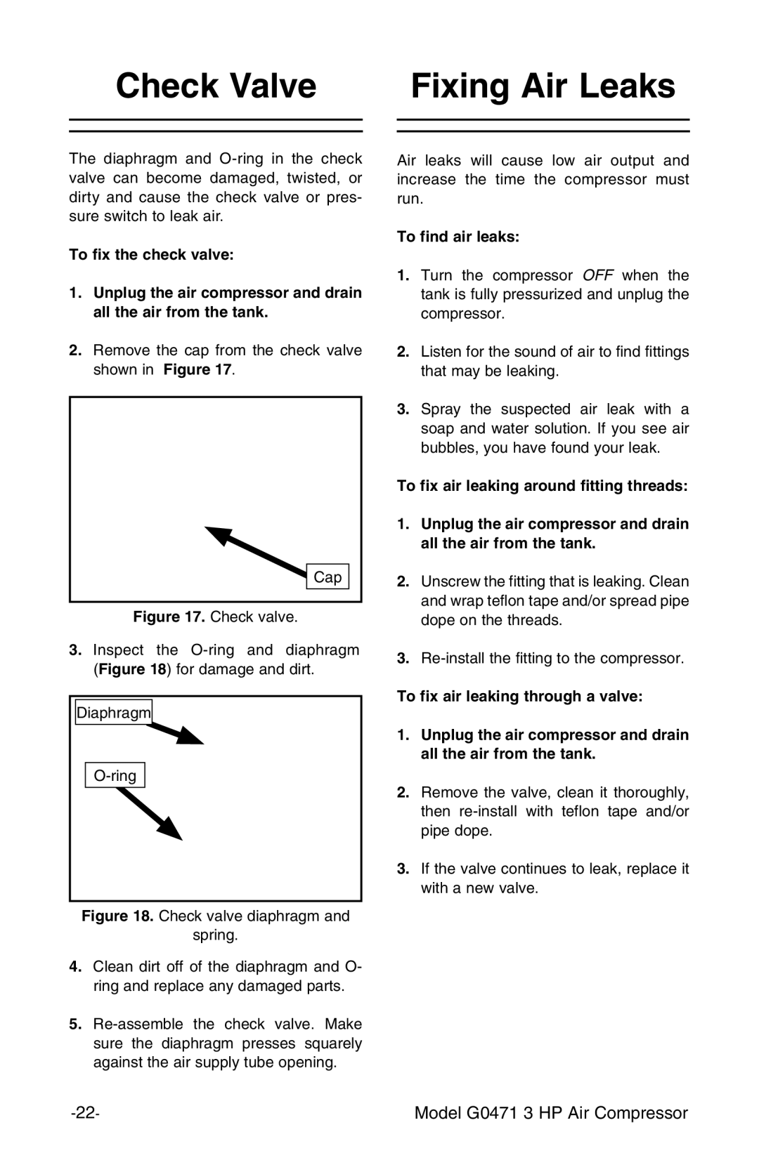 Grizzly G0471 instruction manual Check Valve Fixing Air Leaks, To find air leaks 