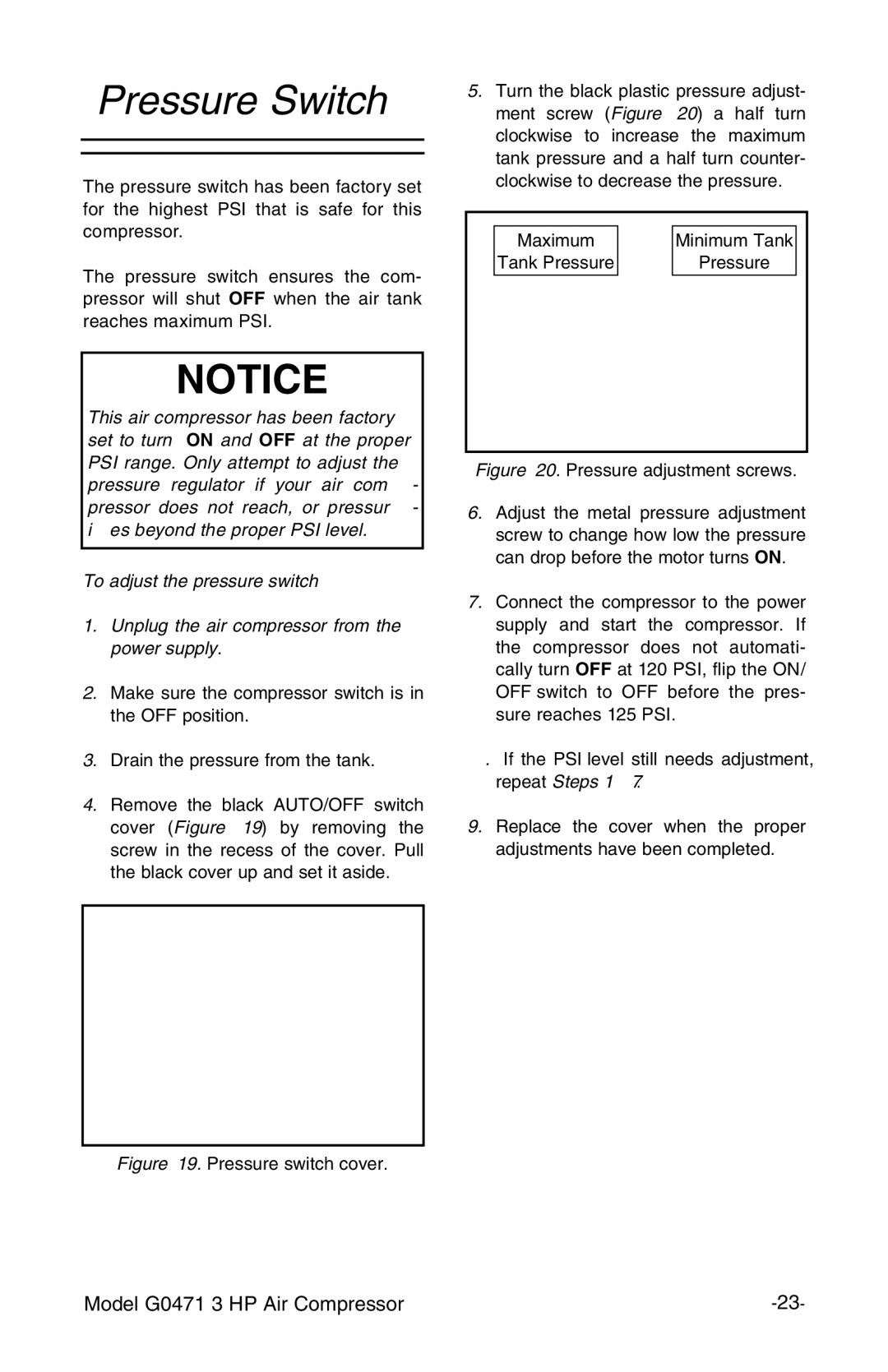 Grizzly G0471 instruction manual Pressure Switch, Pressure adjustment screws 