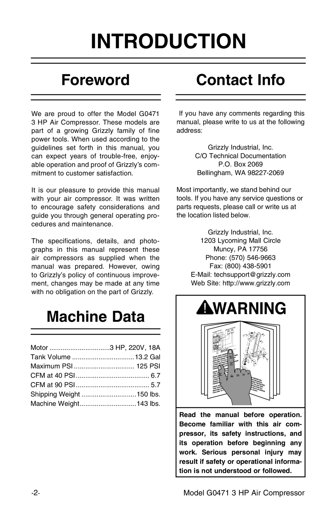 Grizzly G0471 instruction manual Introduction, Foreword Contact Info, Machine Data 