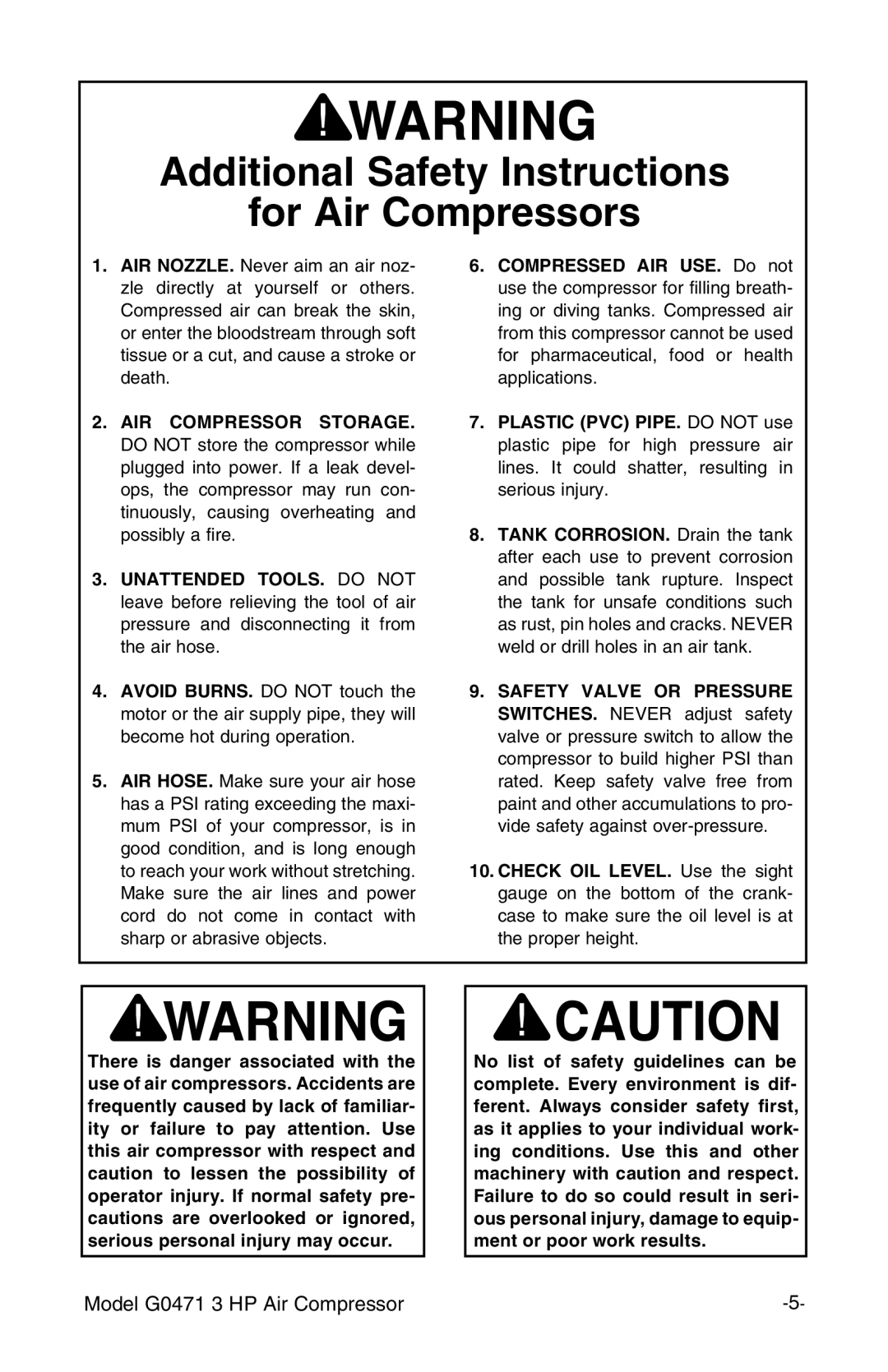 Grizzly G0471 instruction manual Additional Safety Instructions For Air Compressors 