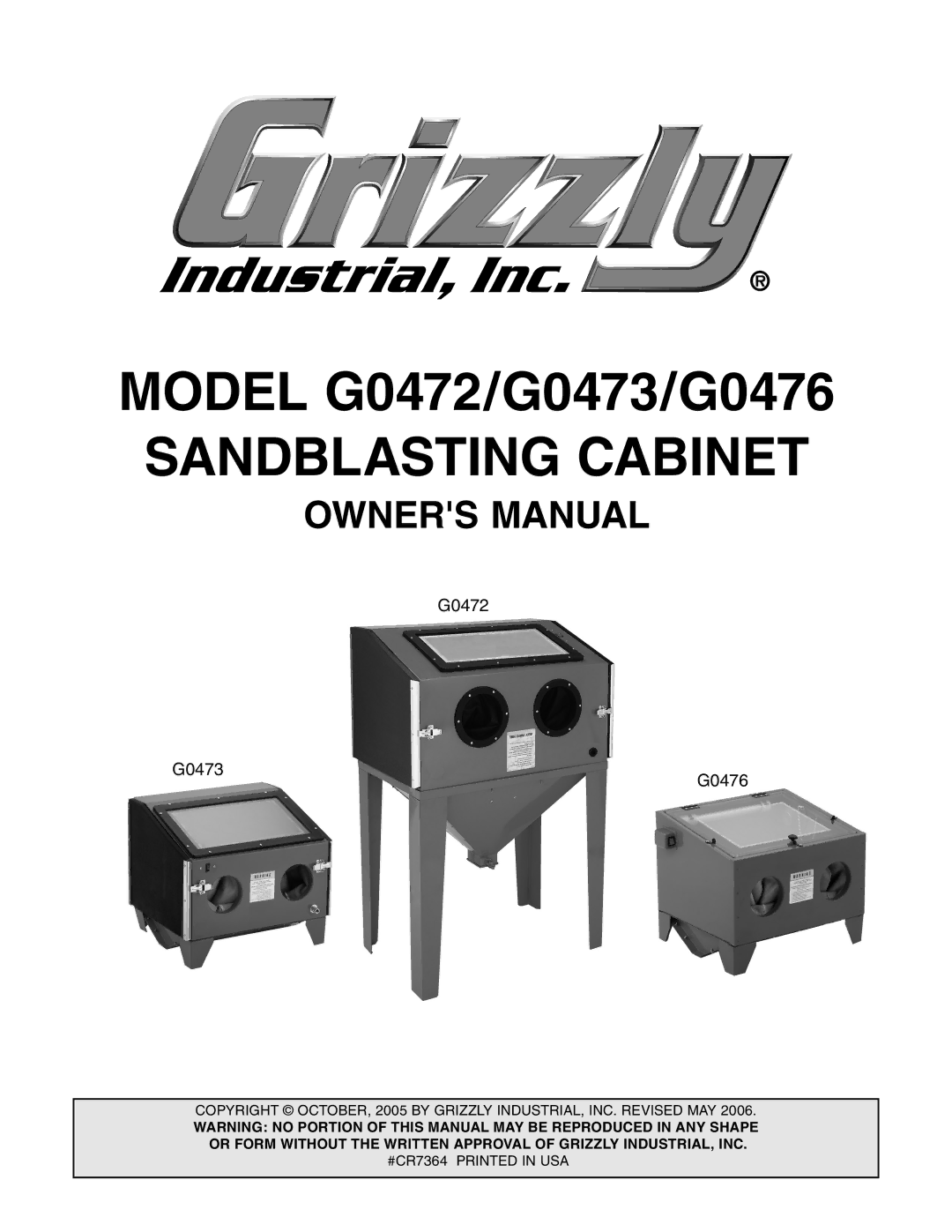 Grizzly G0473, G0472, G0476 owner manual Sandblasting Cabinet 