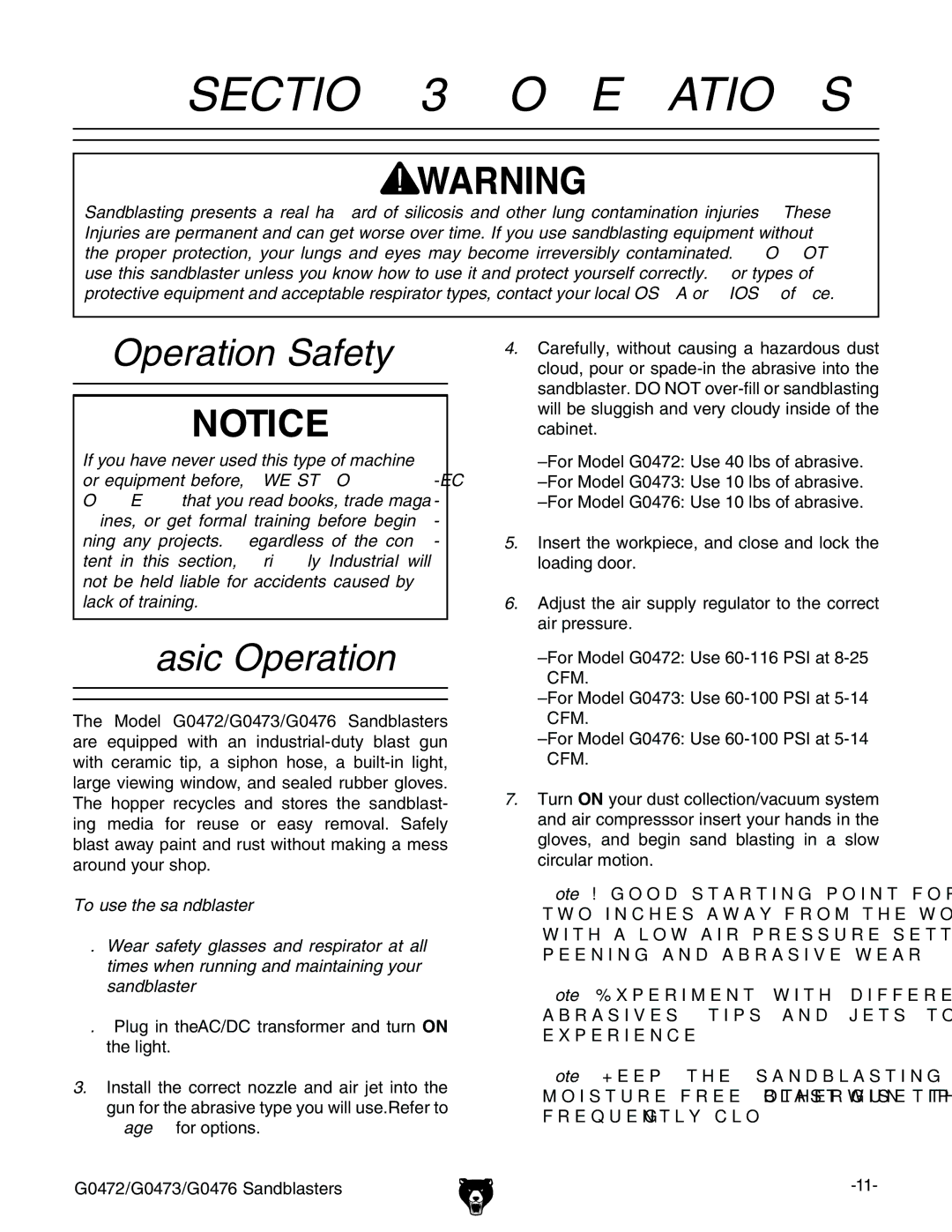 Grizzly G0473, G0472, G0476 owner manual Operations, Operation Safety, Basic Operation 