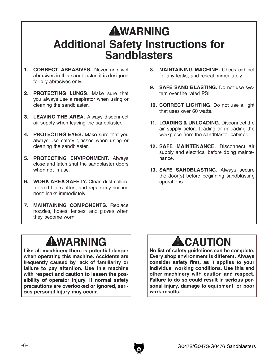 Grizzly G0476, G0472, G0473 owner manual Additional Safety Instructions for Sandblasters 