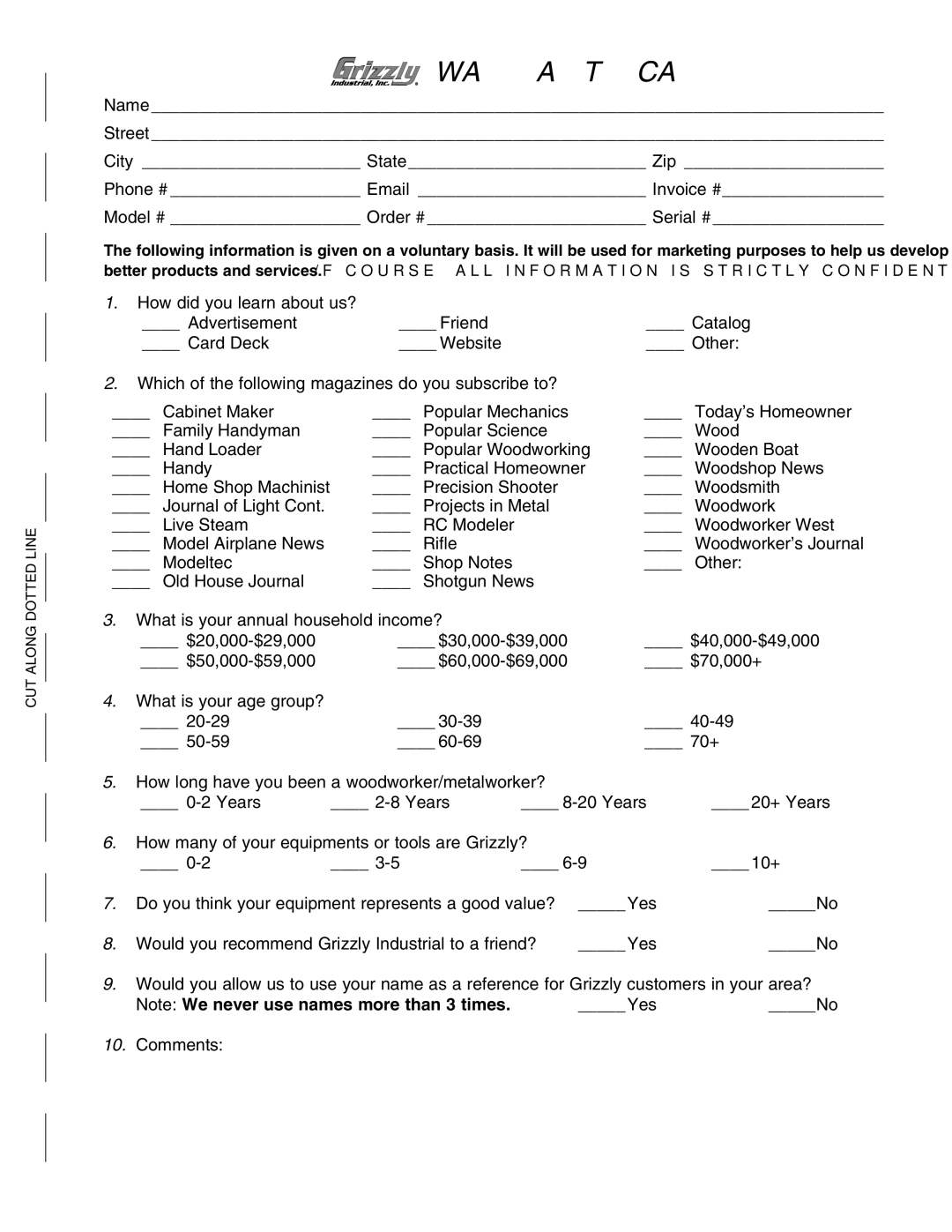 Grizzly G0474, G0475 owner manual Warranty Card 