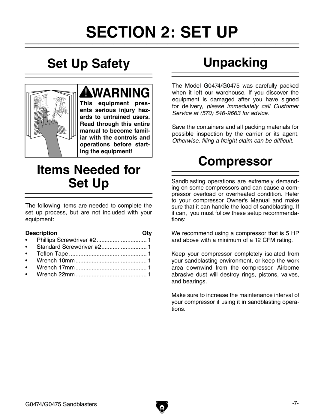 Grizzly G0474, G0475 owner manual Set Up Safety, Items Needed for Set Up, Unpacking, Compressor 